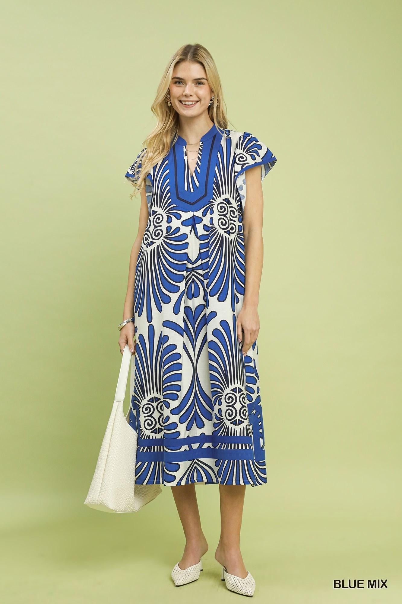 Blue Abstract Print Midi