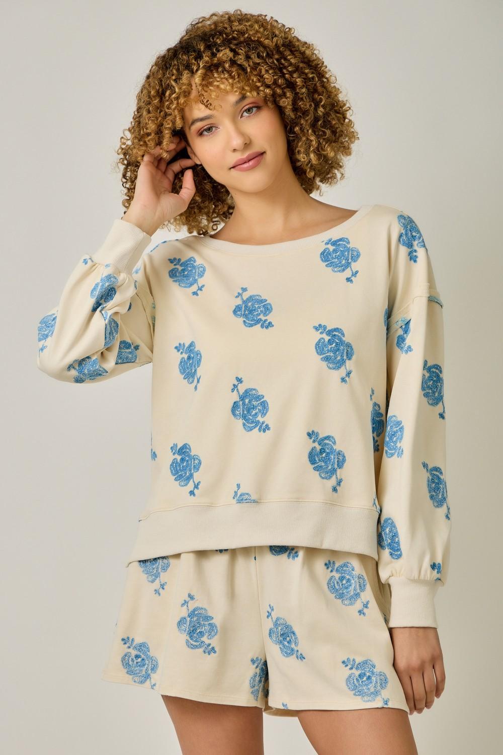Vintage Cream Embroidered Sweatshirt Set