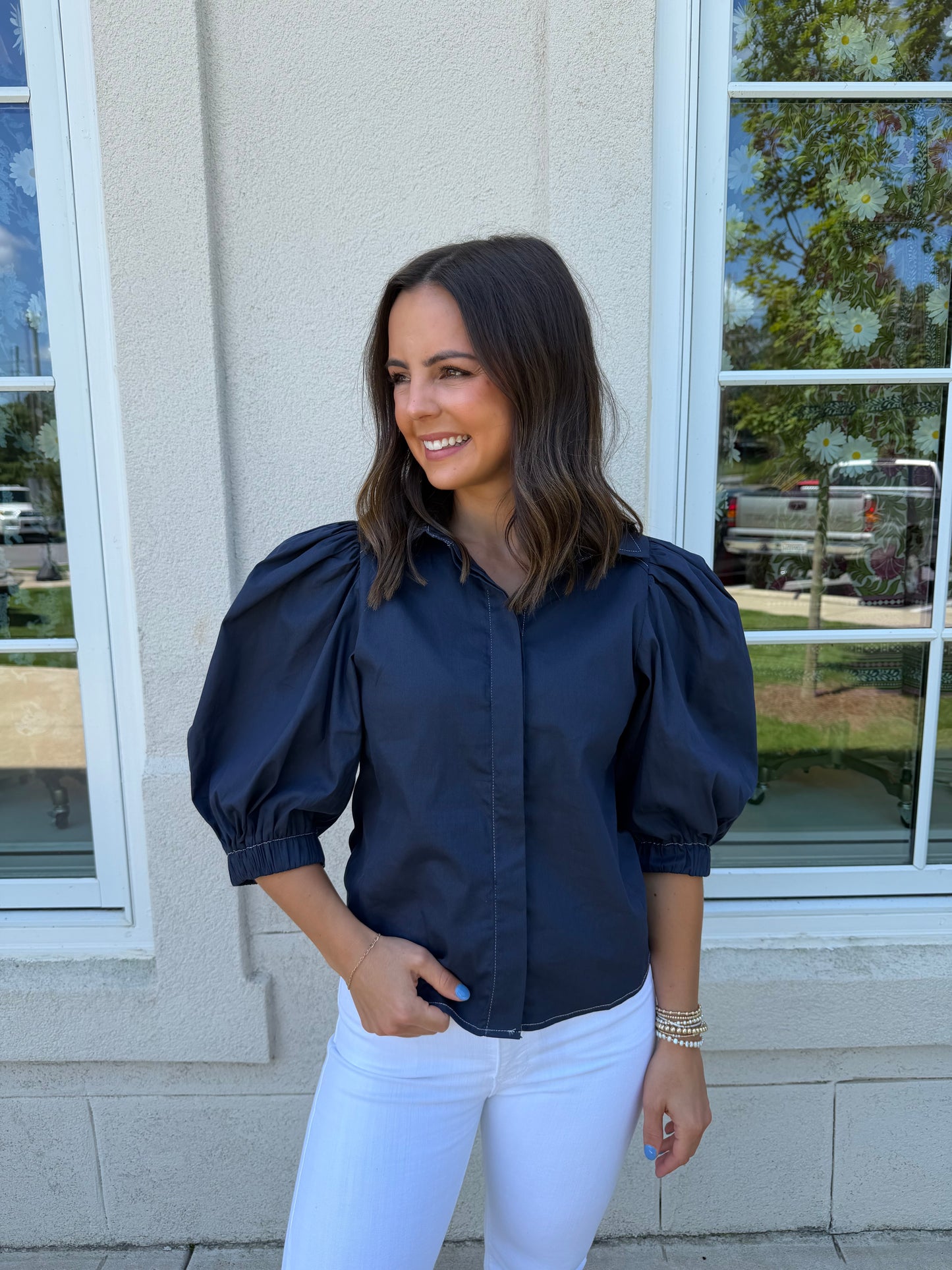 Navy Elevated Chic Button Down Shirt