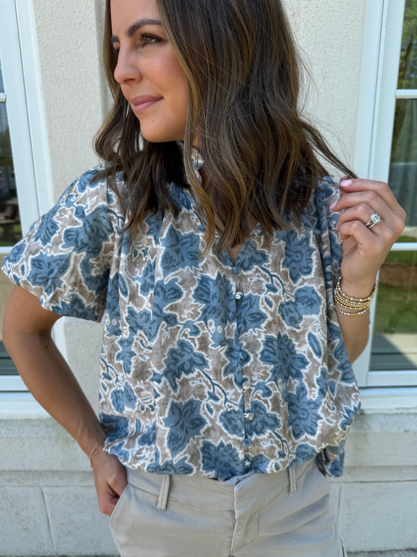 Blue Fall Print Loose Fit Blouse