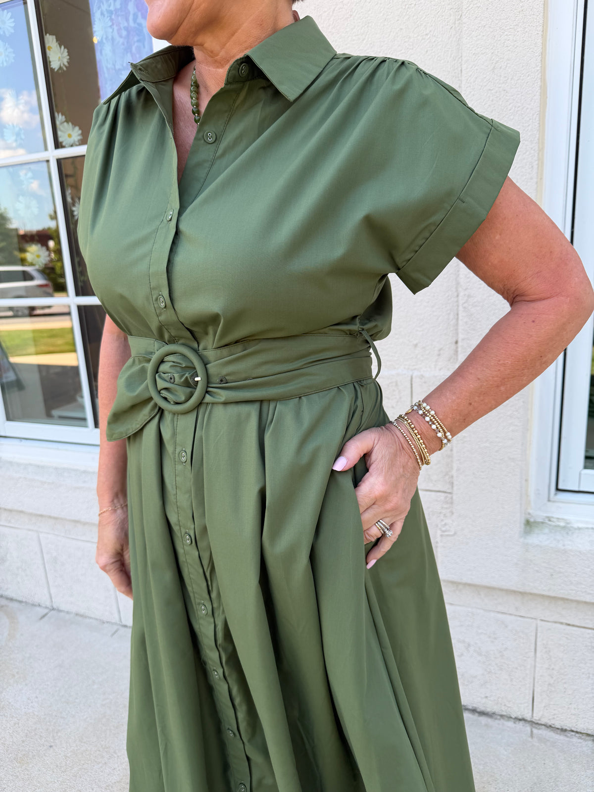 Olive Cuffed Cap Sleeve Midi