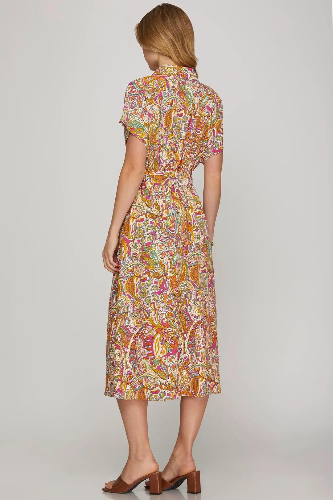 Pink Printed Midi with Waist Tie