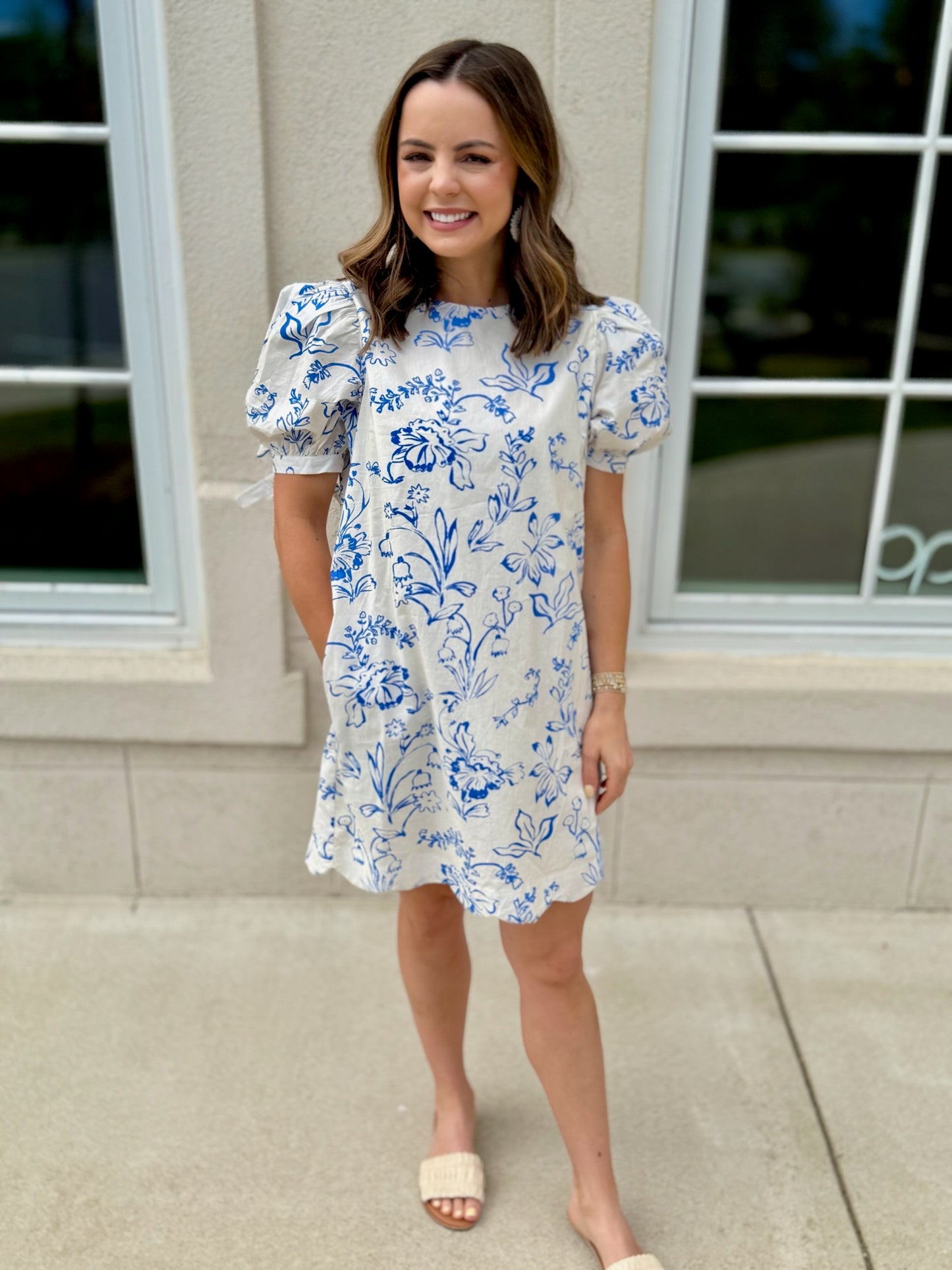 Cream and Blue Scalloped Hem Mini Dress