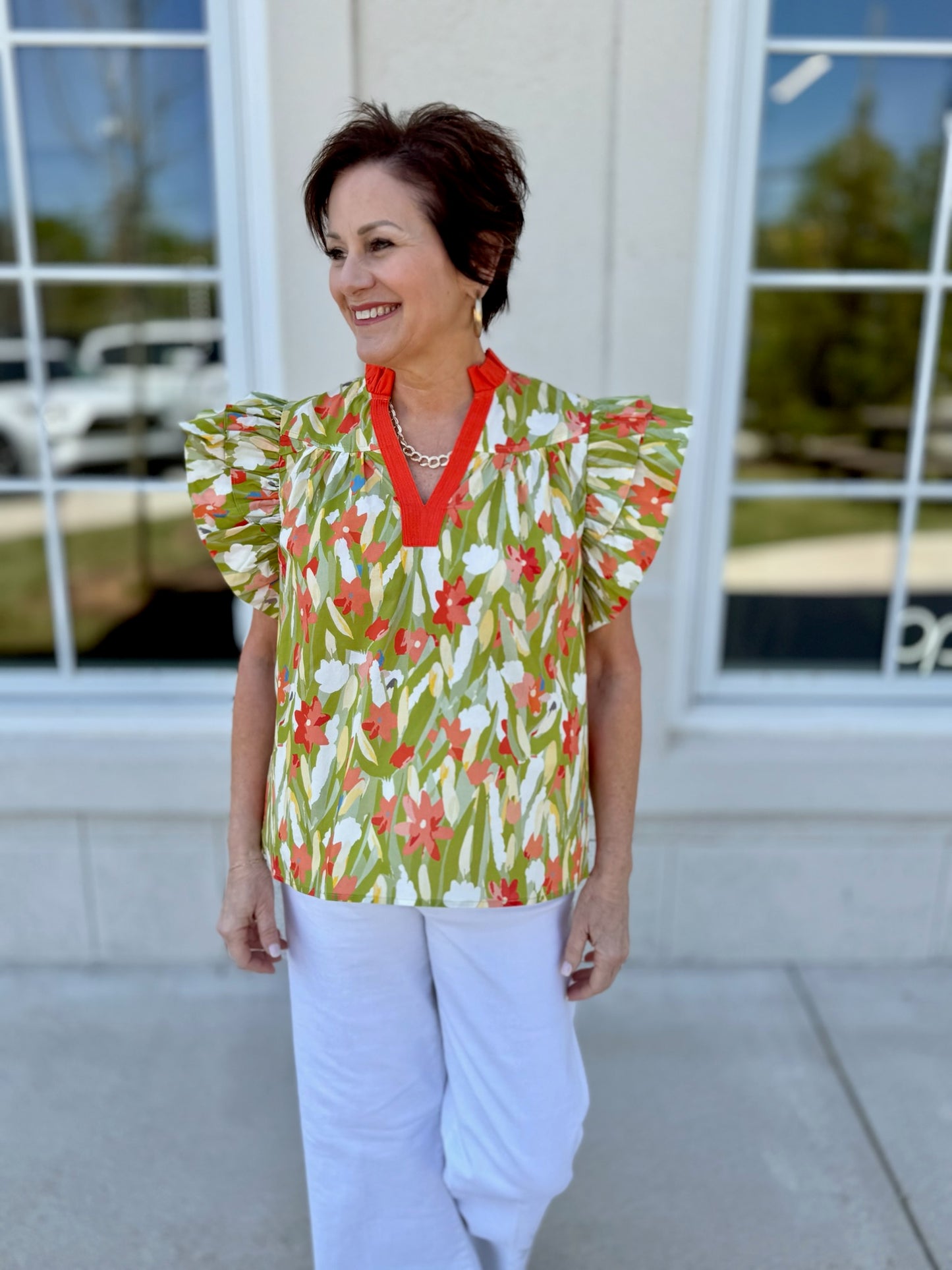 Lime Flutter Sleeve Print Top