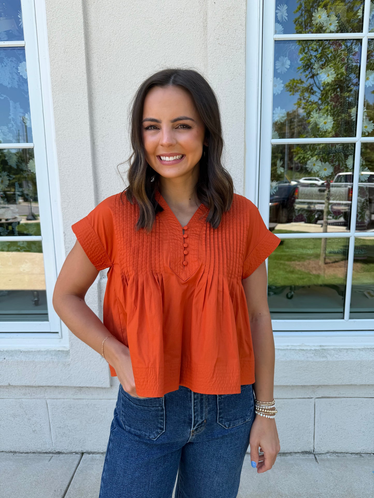 Orange Cotton Pintuck Top