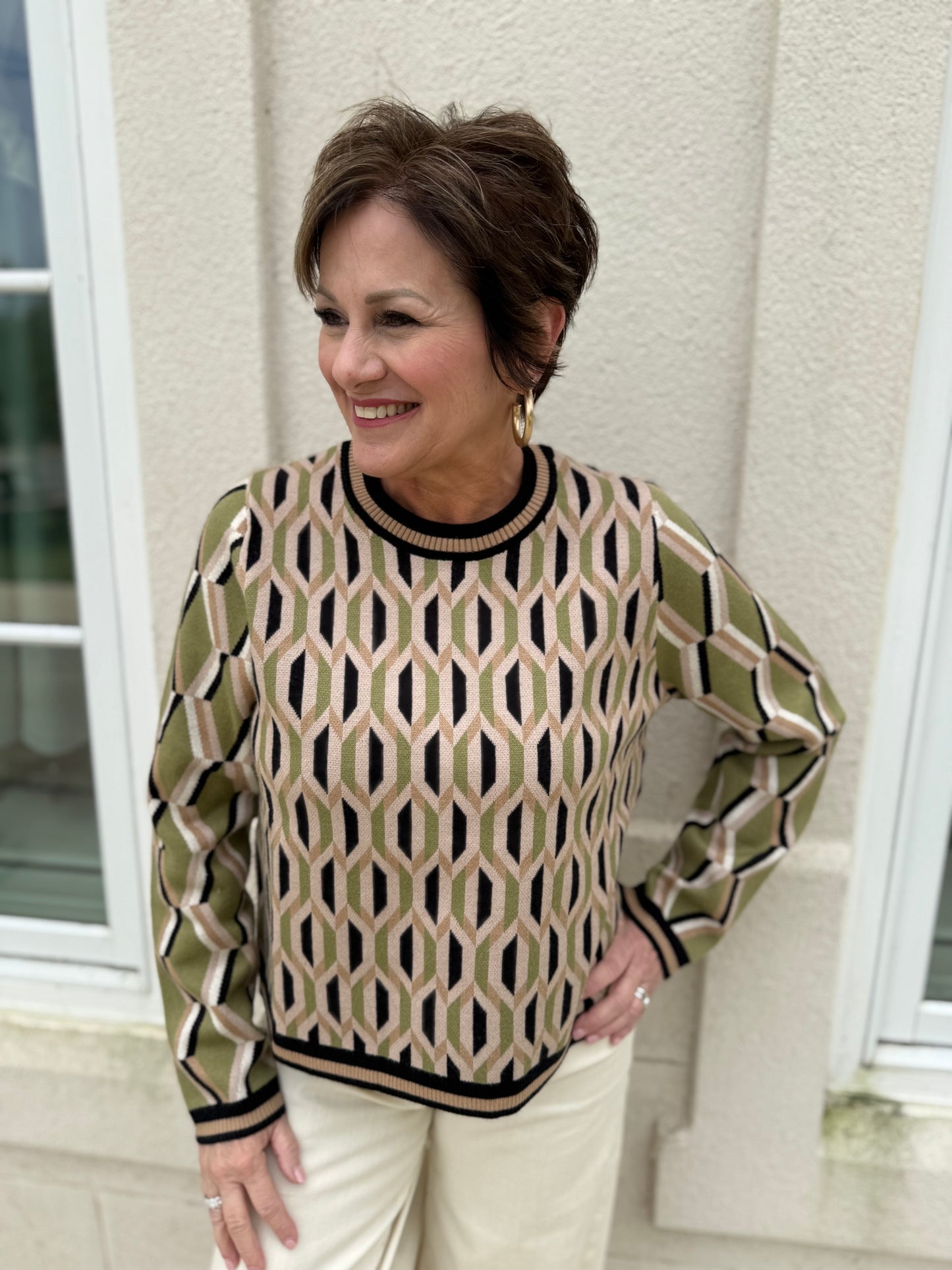 Black and Beige Patterned Knit Sweater