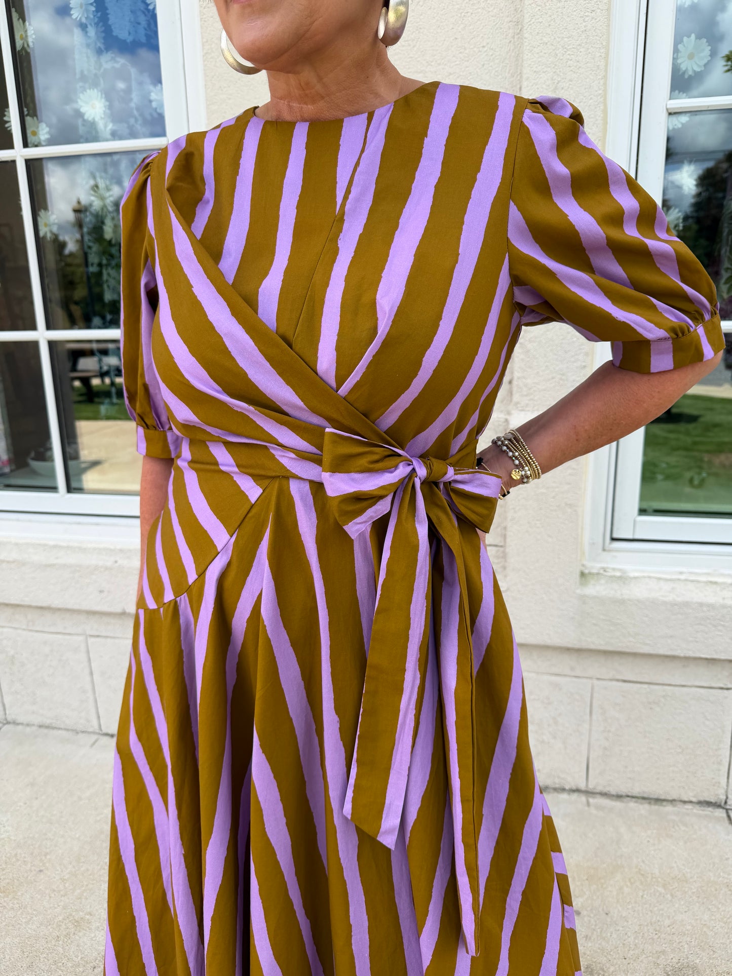 Lavender and Brown Abstract Stripes Maxi Dress