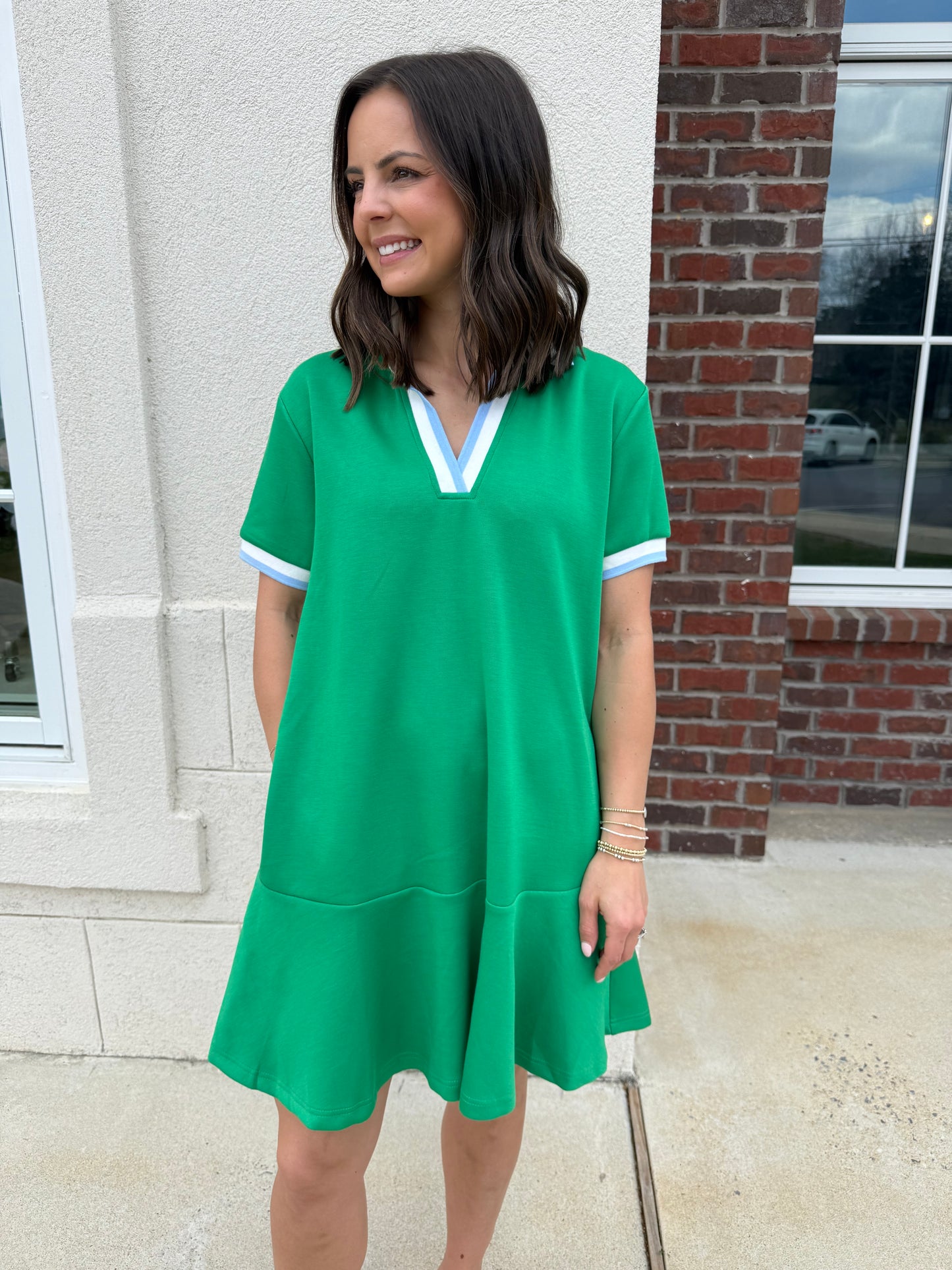 Green Ribbed Collar Mini Dress