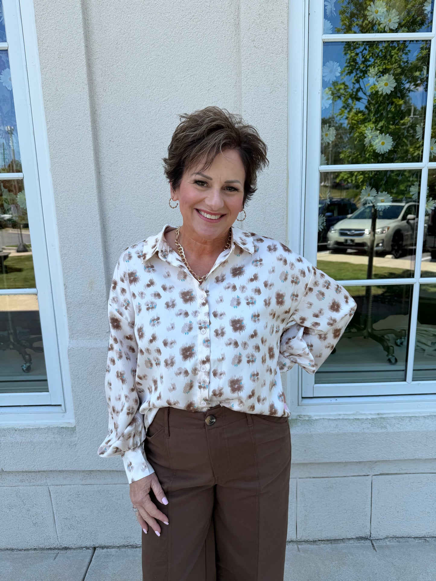 Cream, Brown, and Turquoise Abstract Blouse