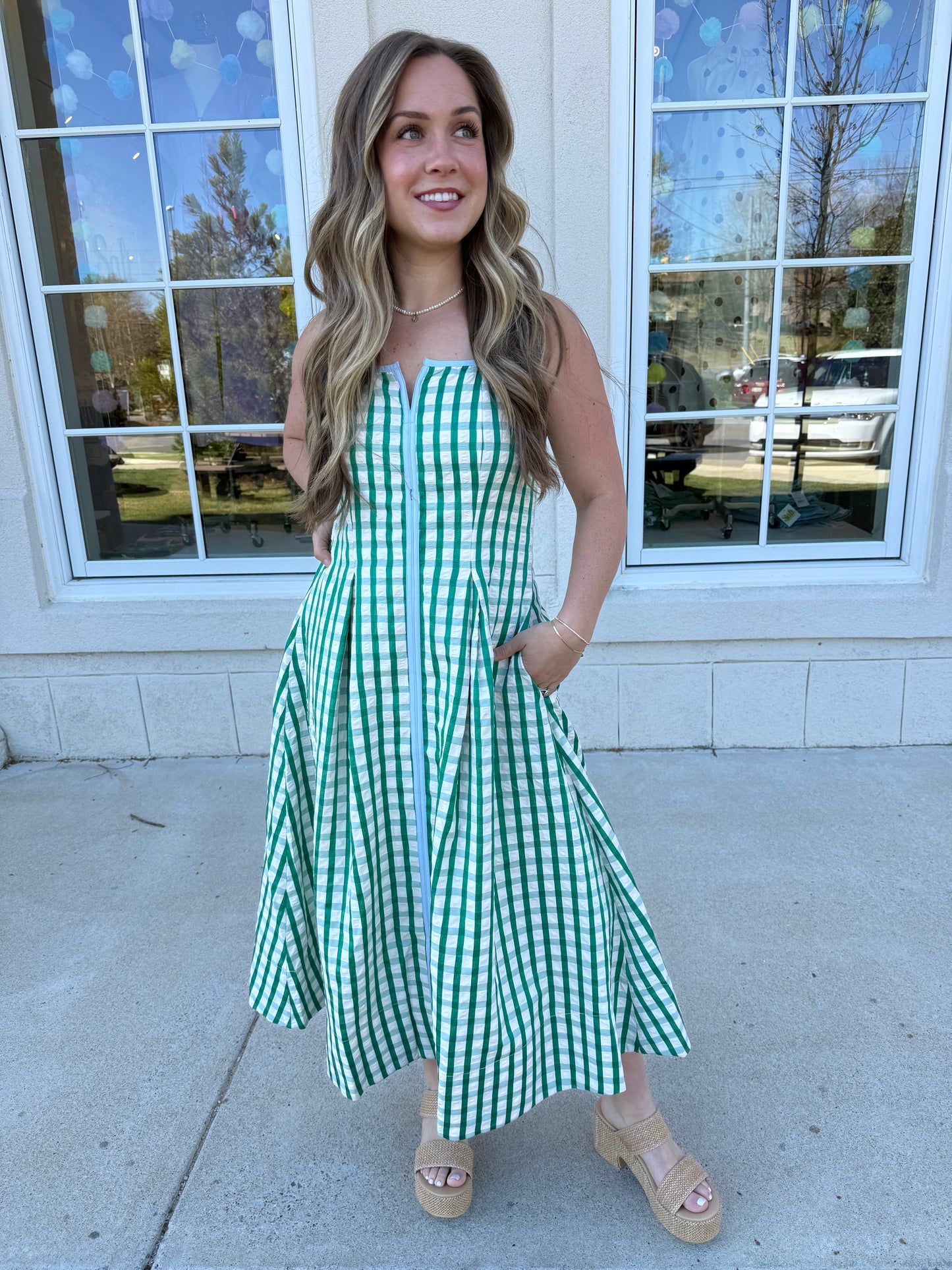 Green Gingham with Light Blue Trim Maxi
