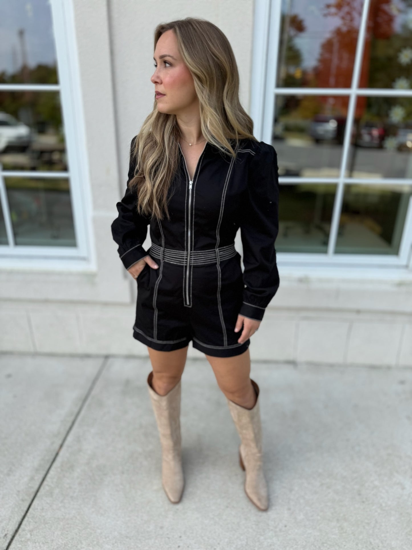 Black Topstitched Twill Romper