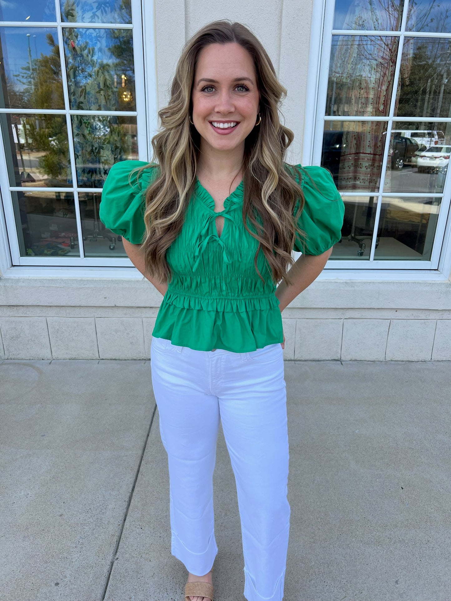 Green Front Tie Shirring Top
