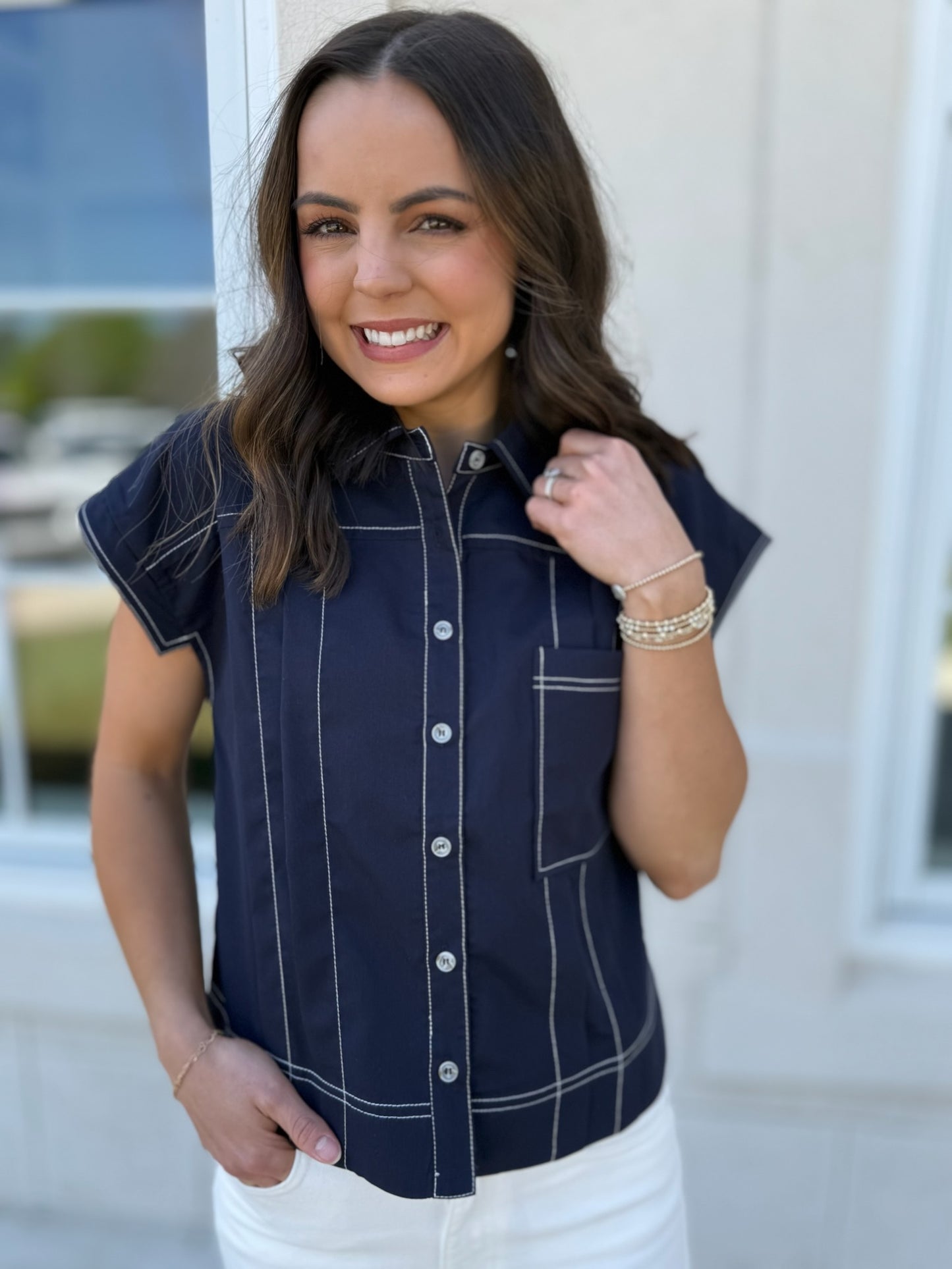 Navy Button Up Shirt Top