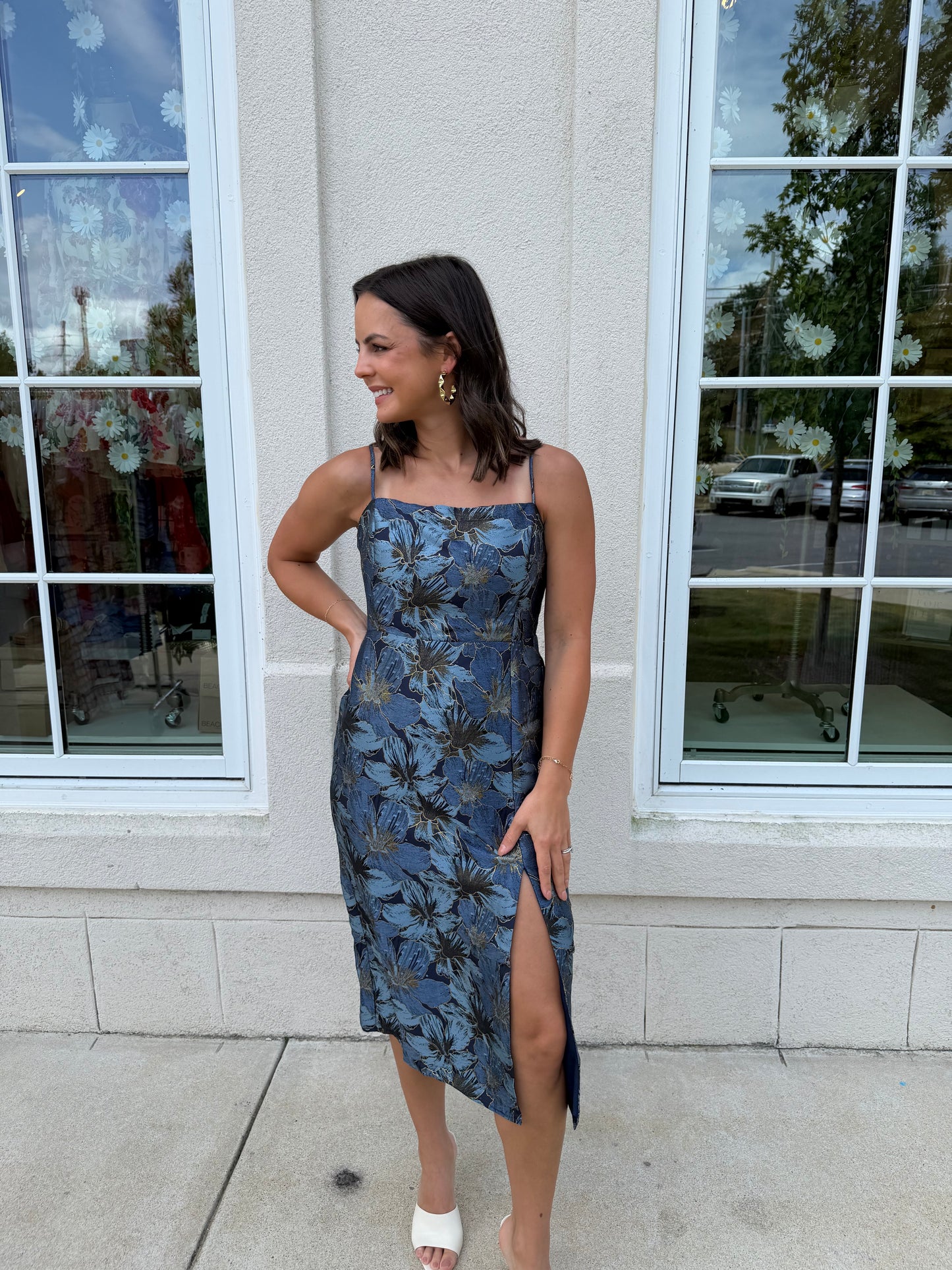 Navy and Gold Jacquard Midi Dress