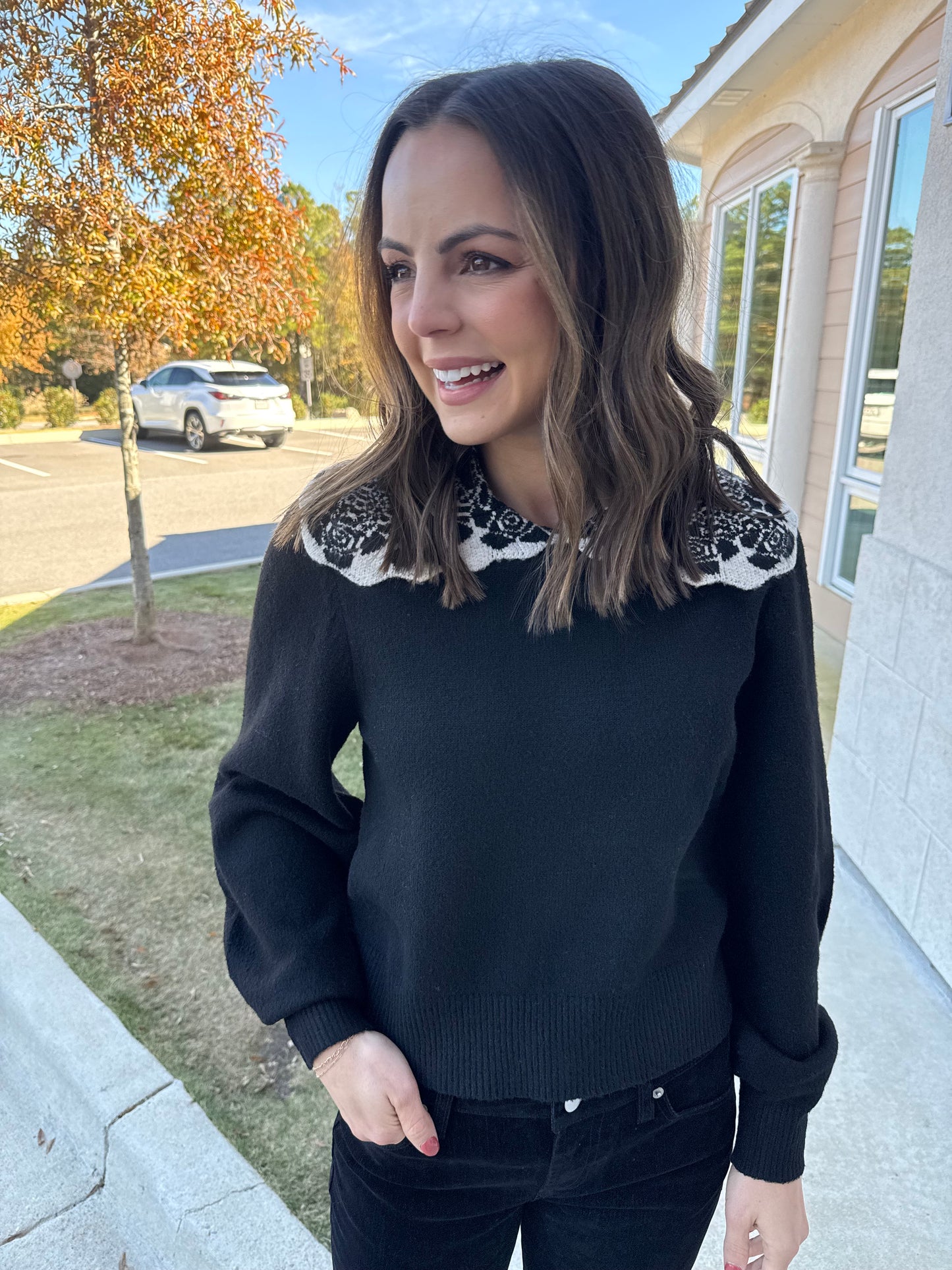 Black with Cream Floral Collared Sweater