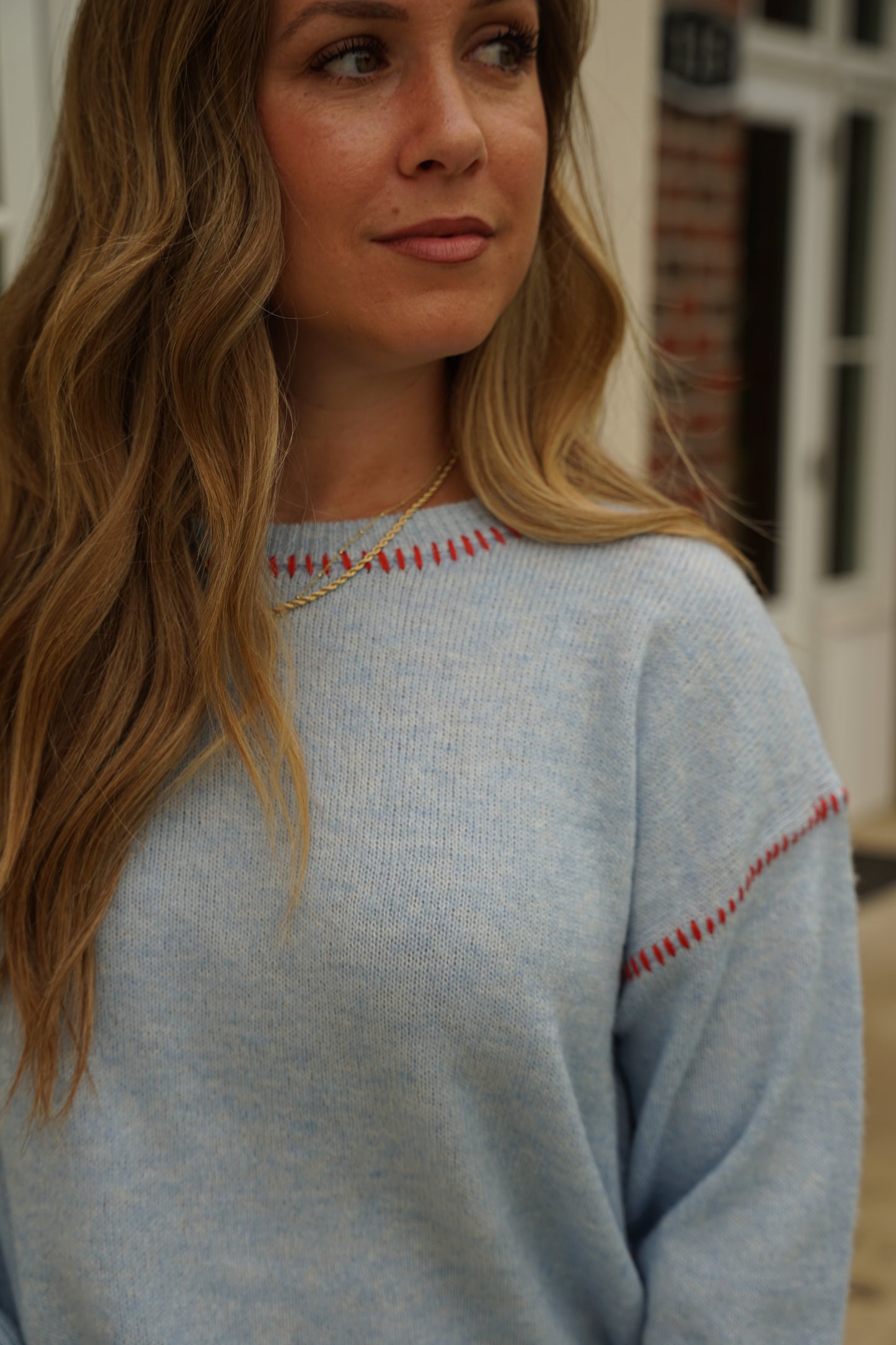 Light Blue and Red Stitched Sweater