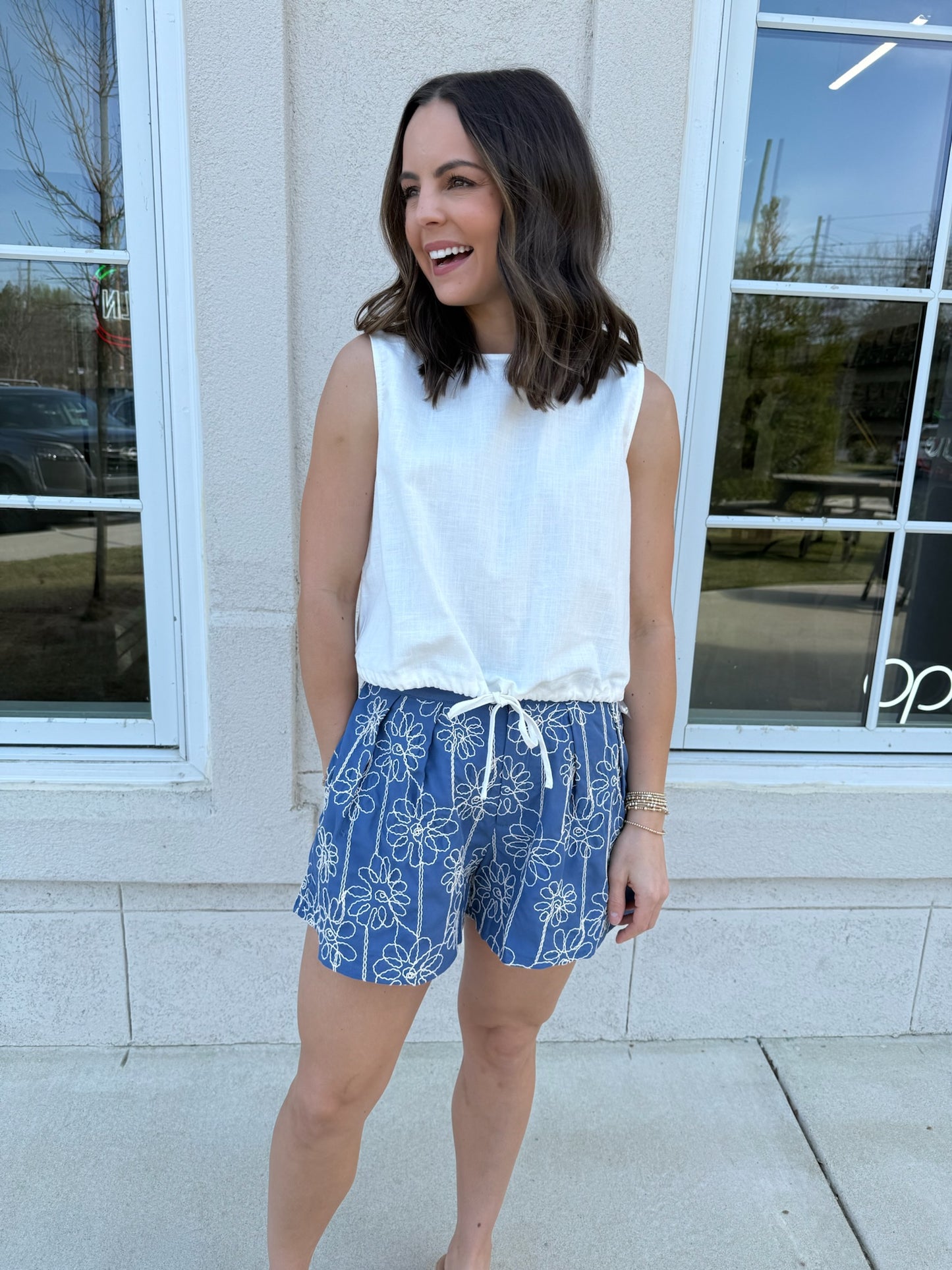 Denim Blue HW Floral Embroidered Shorts