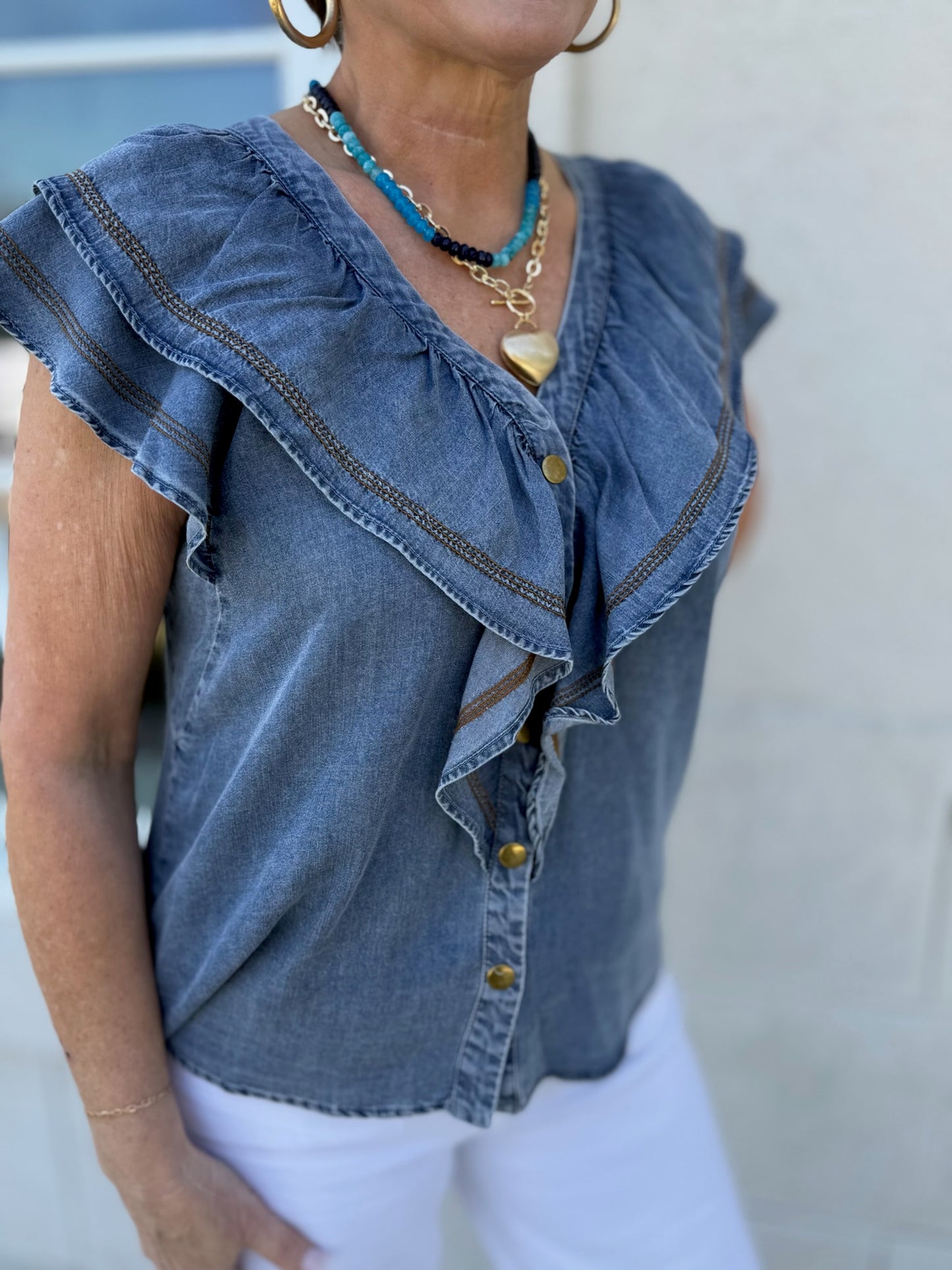Indigo V-Neck Ruffled Top