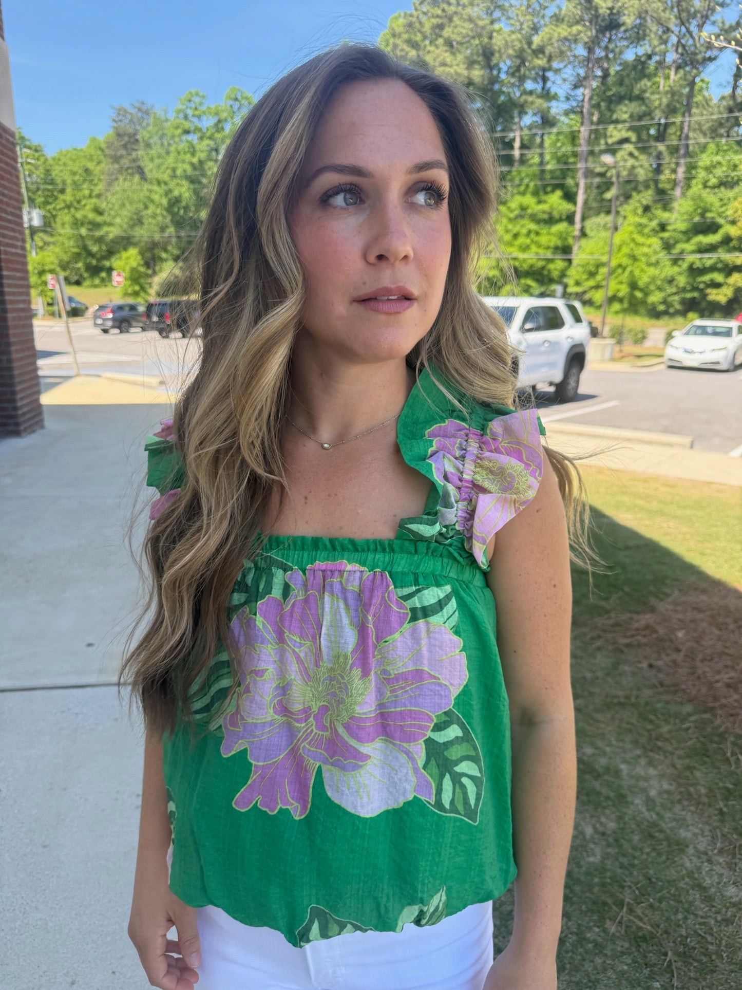 Green Floral Print Bubble Top