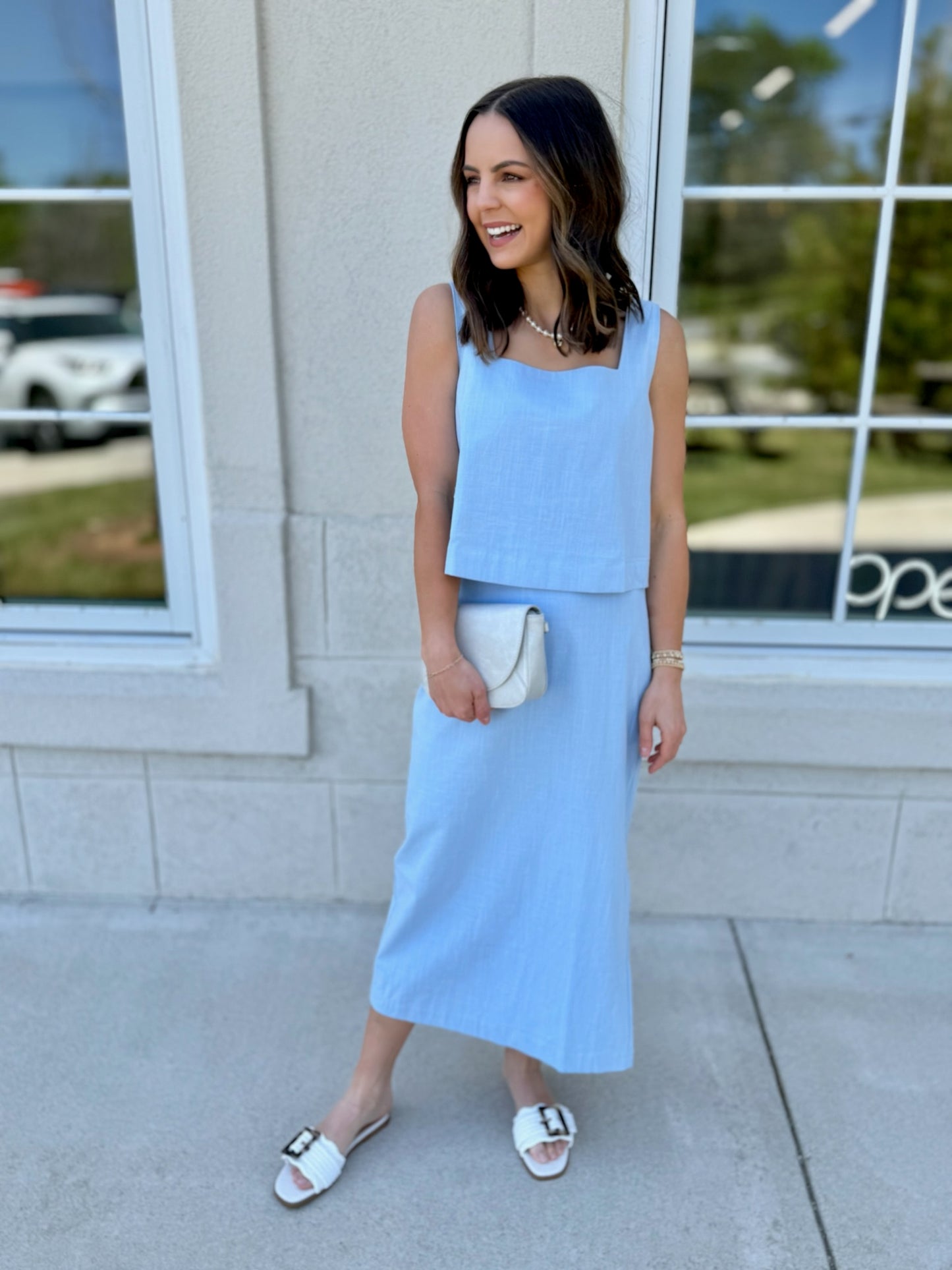Sky Square Neck and Tank Skirt Set