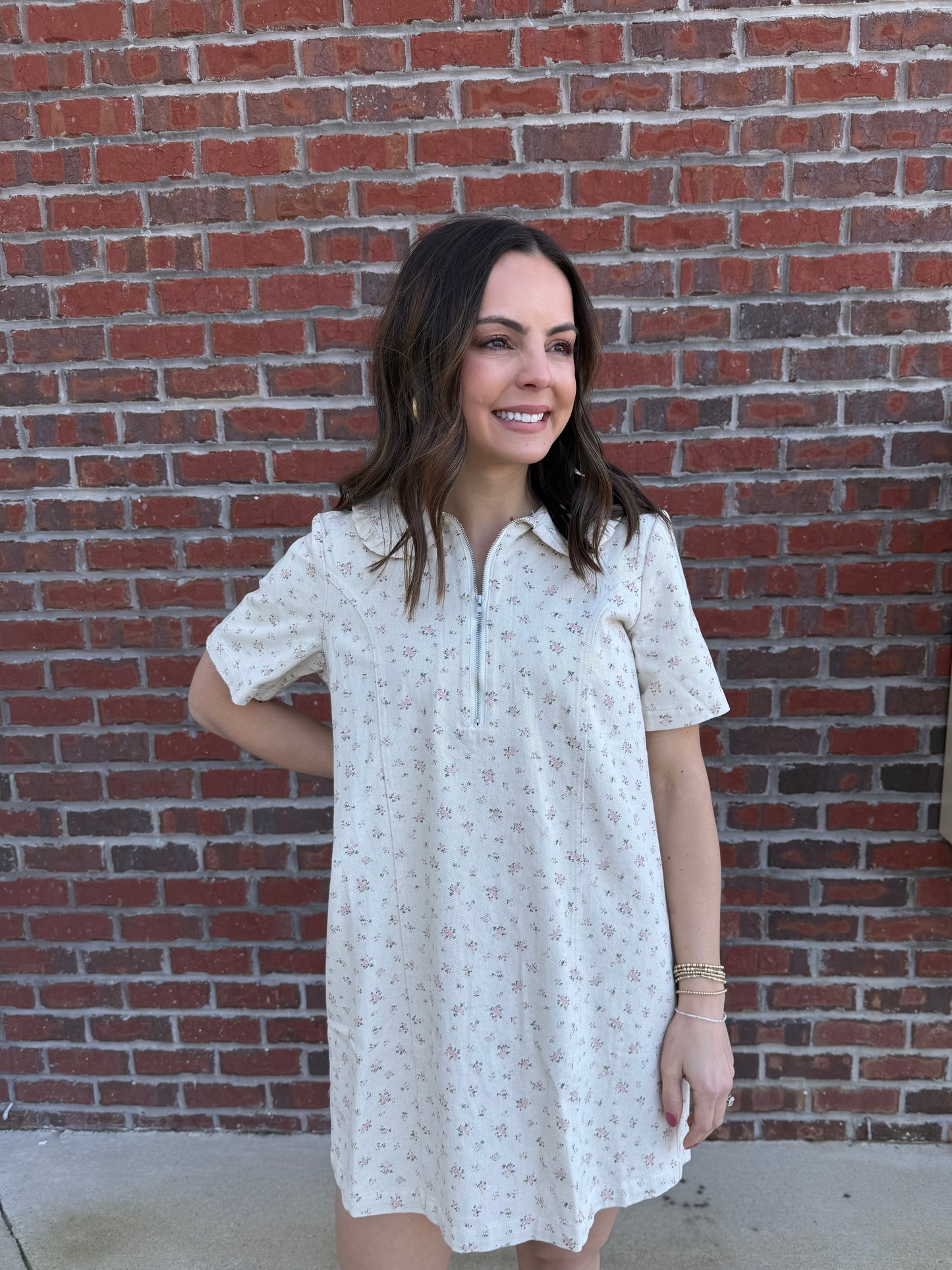 Natural Floral Denim Mini Shift Dress