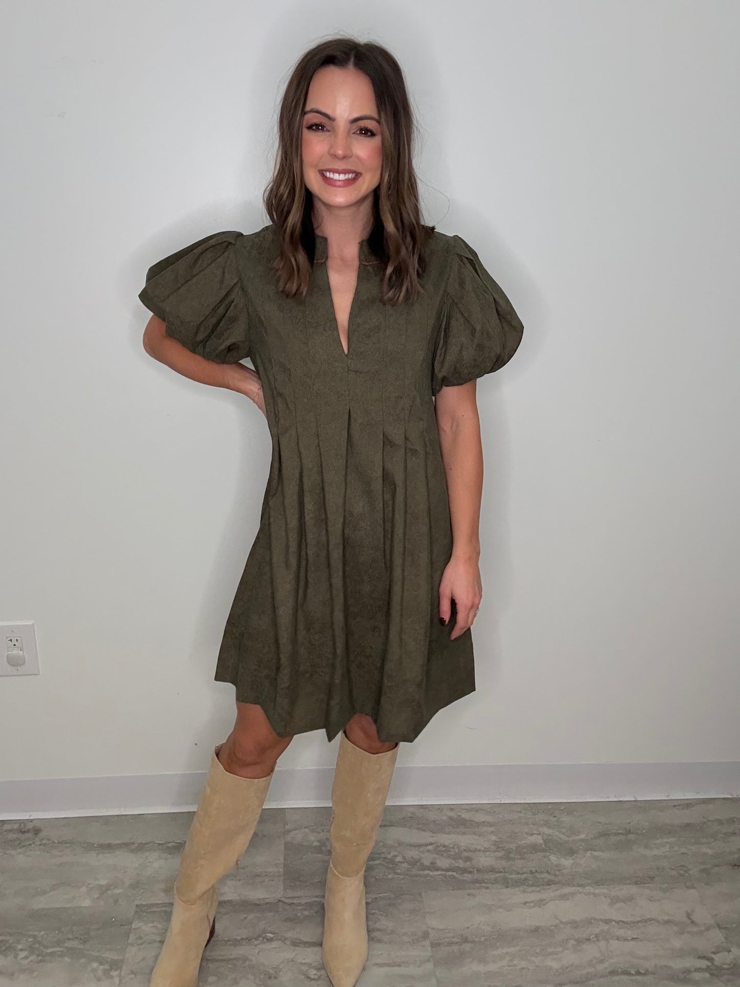 Verdigris Puff Sleeve Corduroy Dress