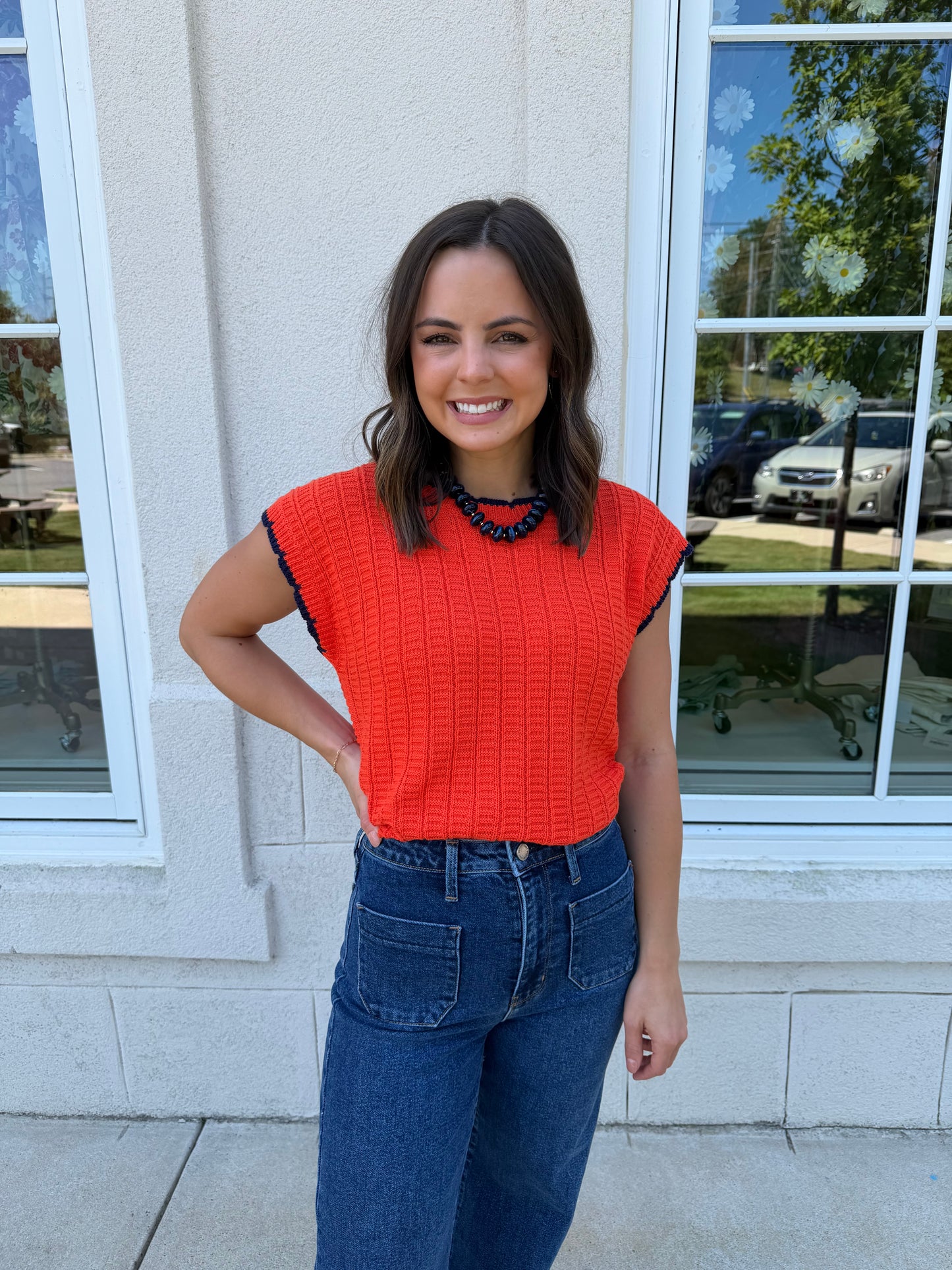 Orange with Navy Scallop Trim Knit Top