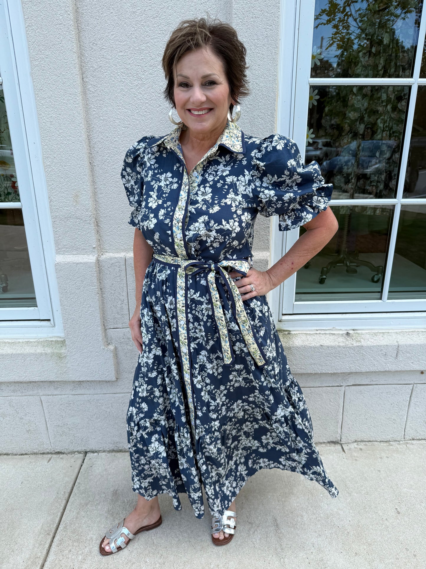Navy Multi Floral Bubble Sleeve Midi