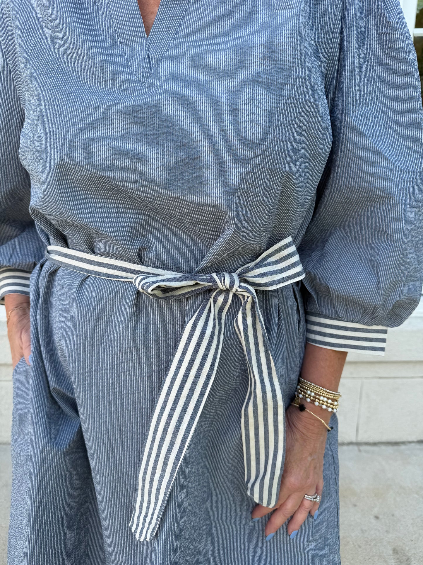 Denim Blue Mini Dress with Stripe Contrast