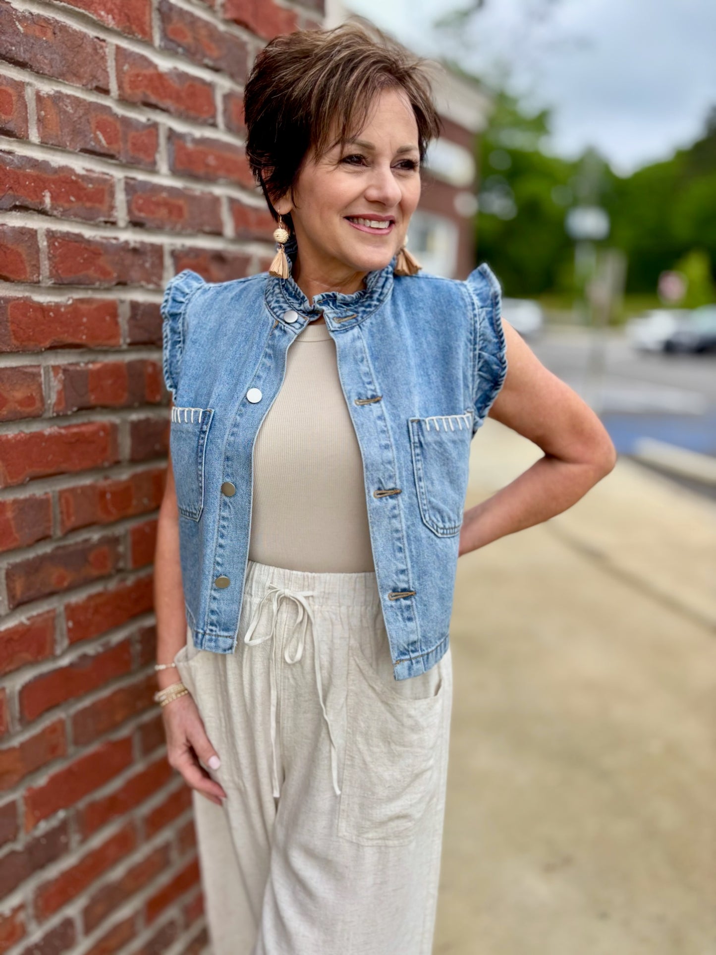 Denim Ruffle Vest Jacket