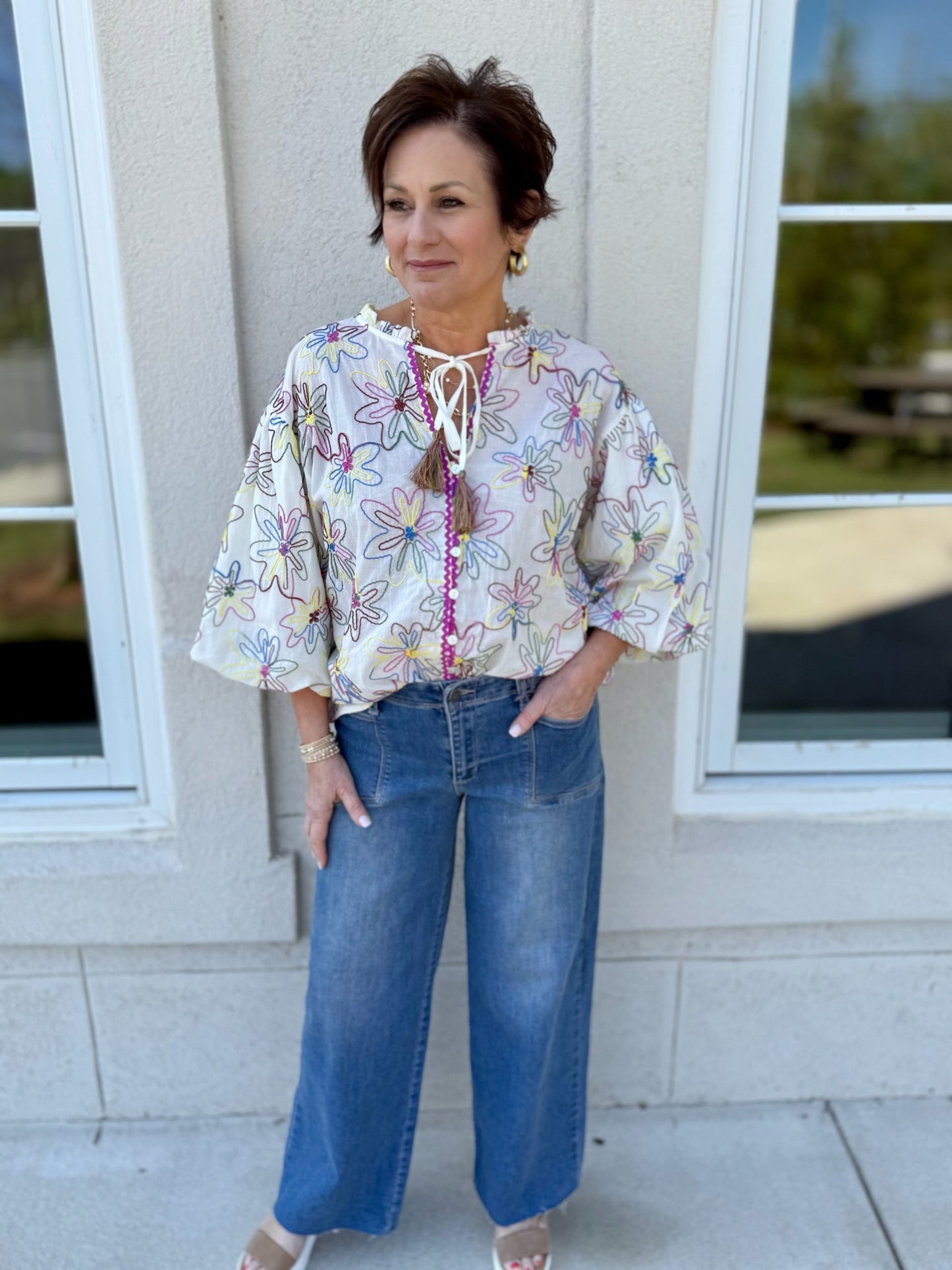 Multi Colored Embroidered Cream Top