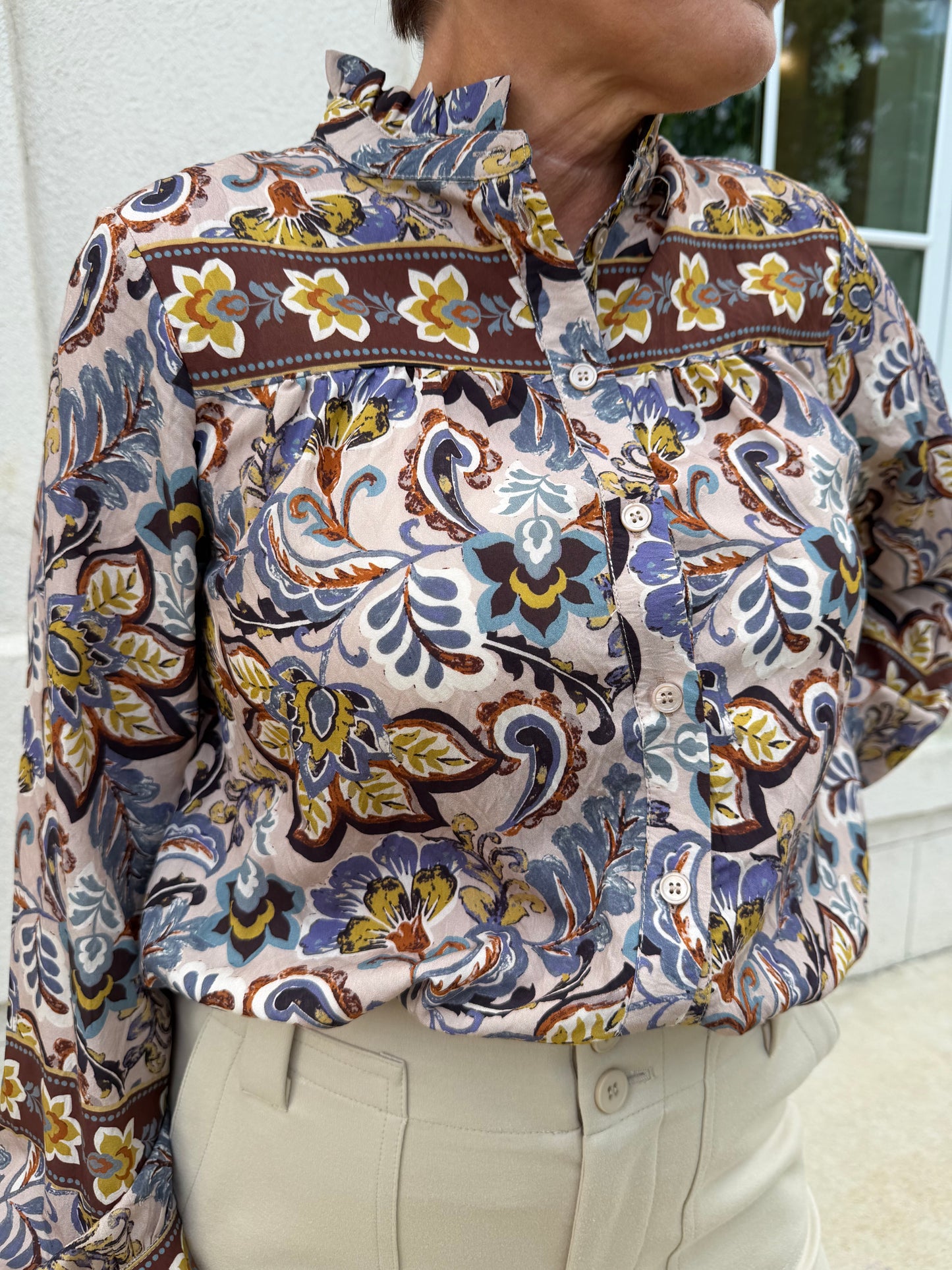 Beige Multi Border Print Blouse