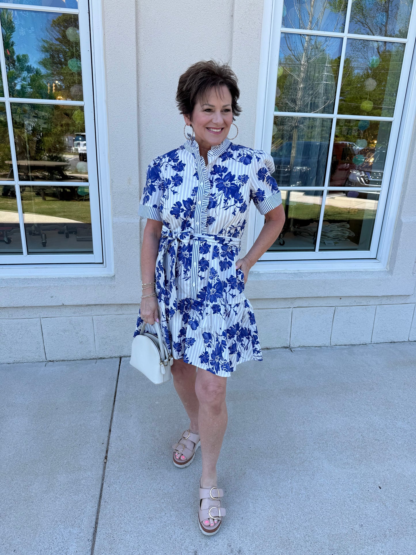 Blue Ruffled Neck Mini Dress