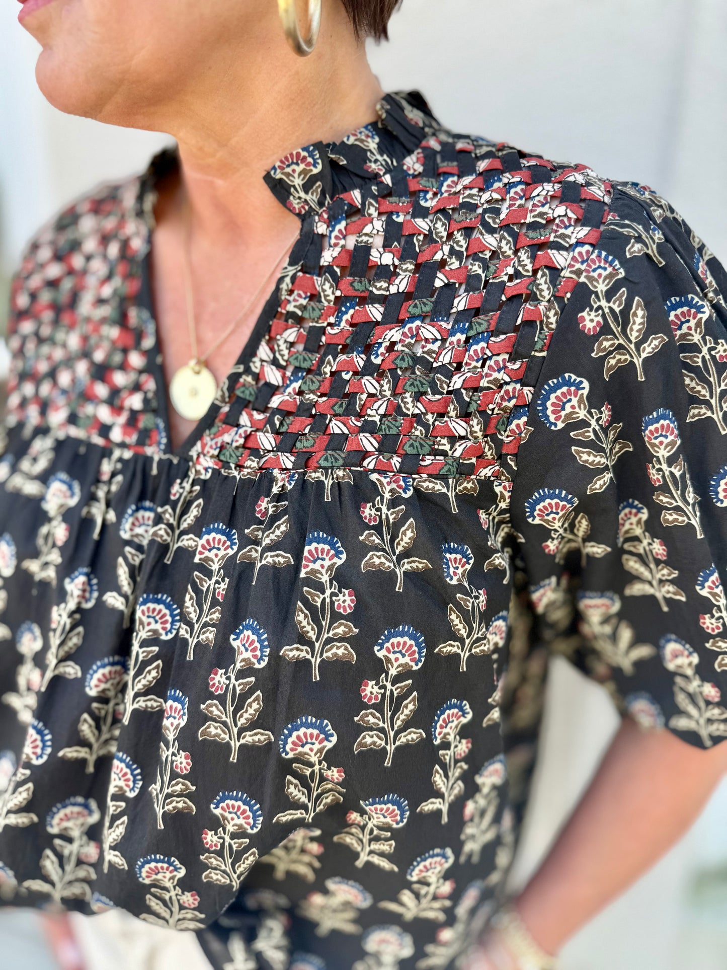 Black Floral Puff Sleeve V Neck