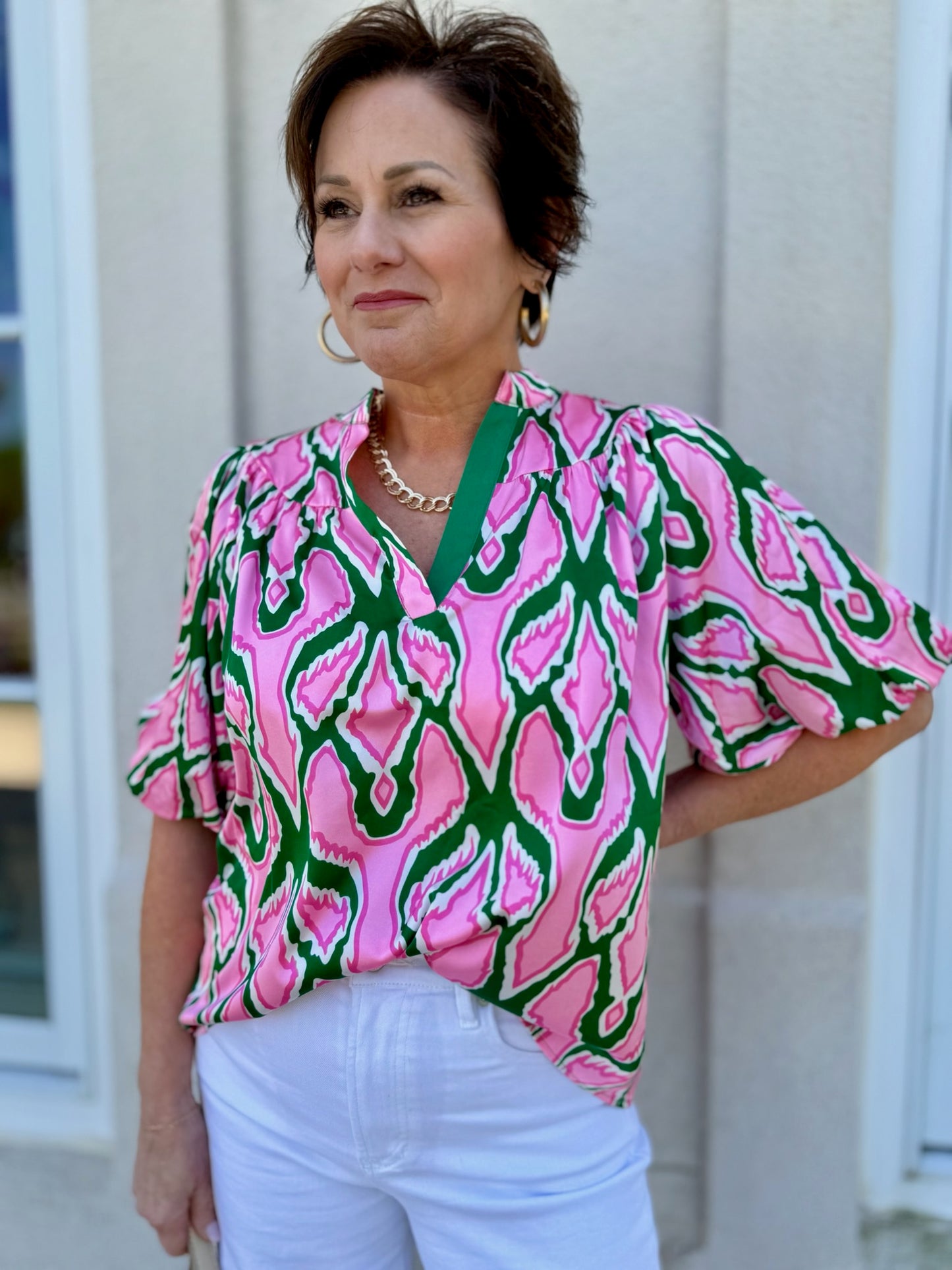 Green and Pink Print V-Neck Top