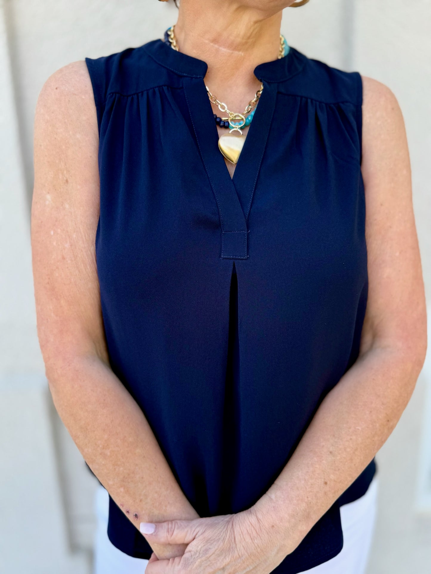 Navy Sleeveless V Neck Top