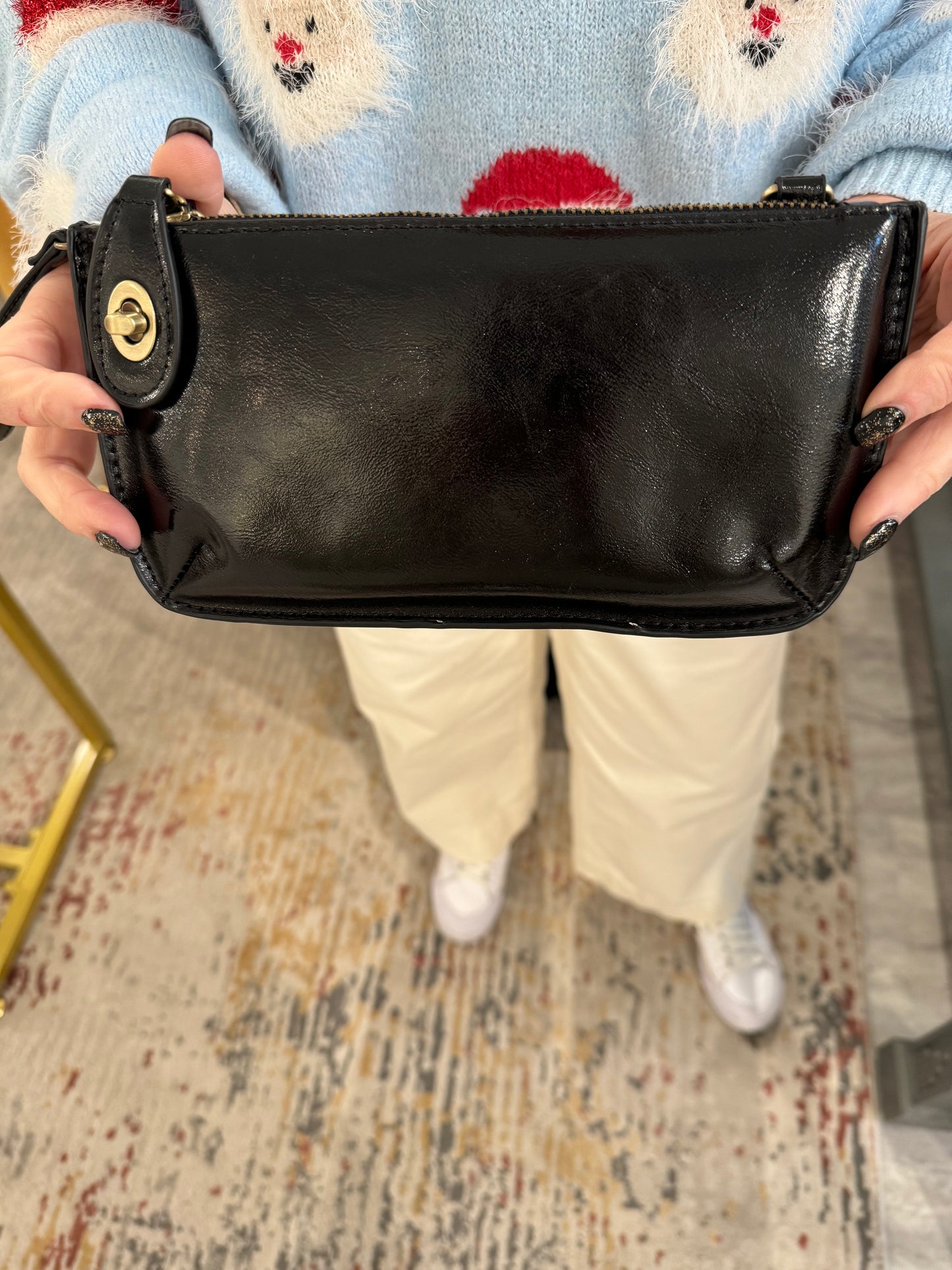 Liquid Metal Black Mini Crossbody Wristlet Clutch