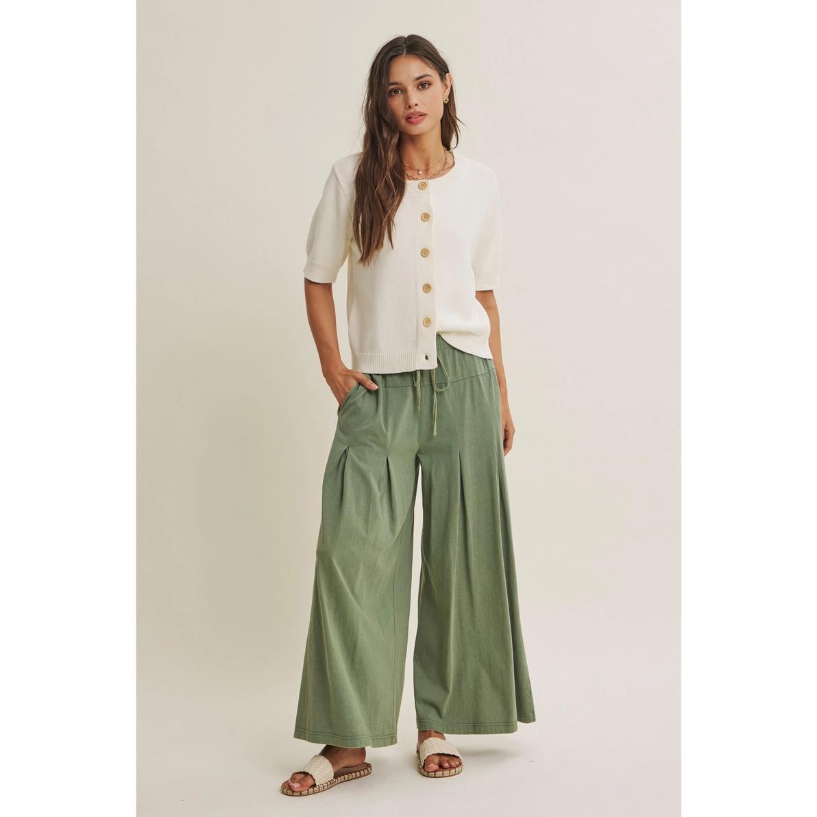 Smoky Emerald Flowy Pleated Pants