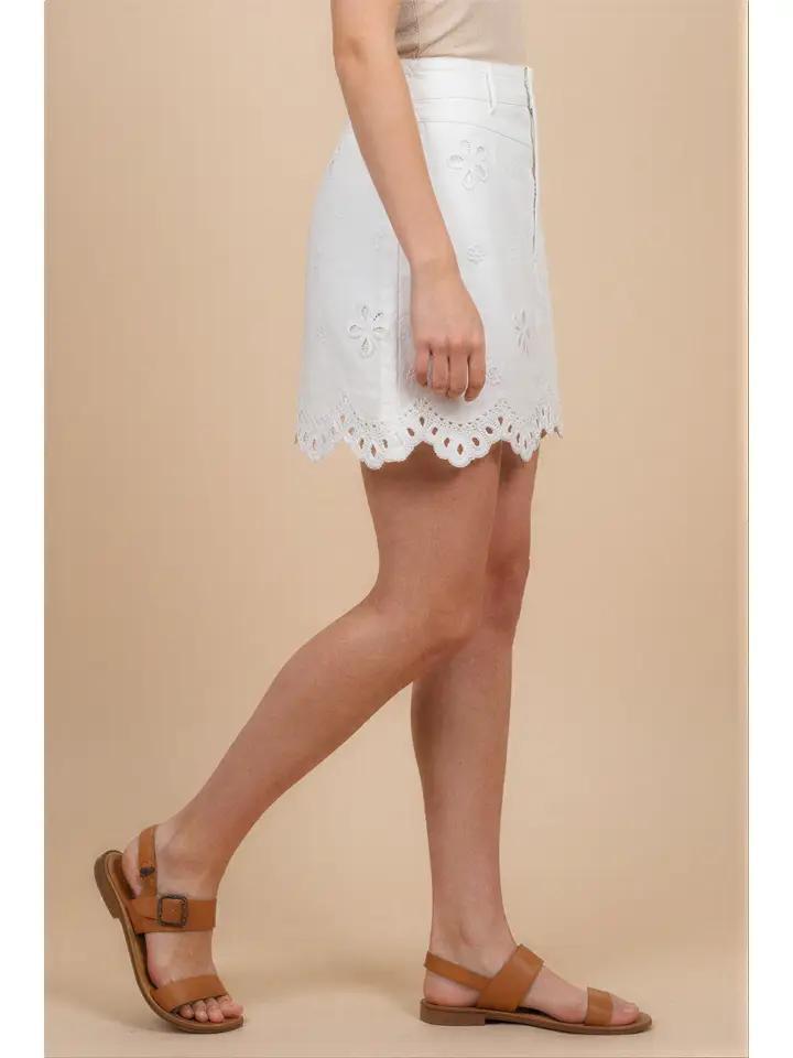 White Scalloped Eyelet Twill Skort
