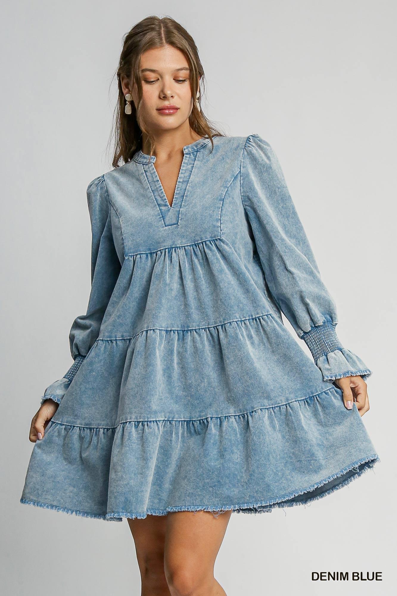 Denim Blue Stone Wash Corduroy Tiered Dress