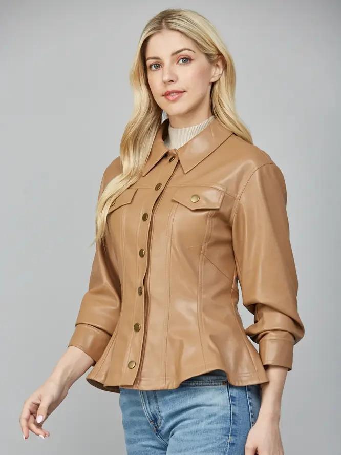 Camel Cinched Faux Leather Jacket