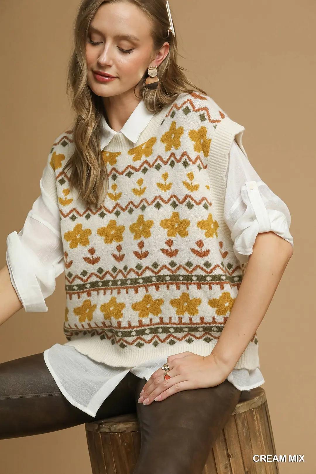 Cream Mix Floral Print Knit Vest