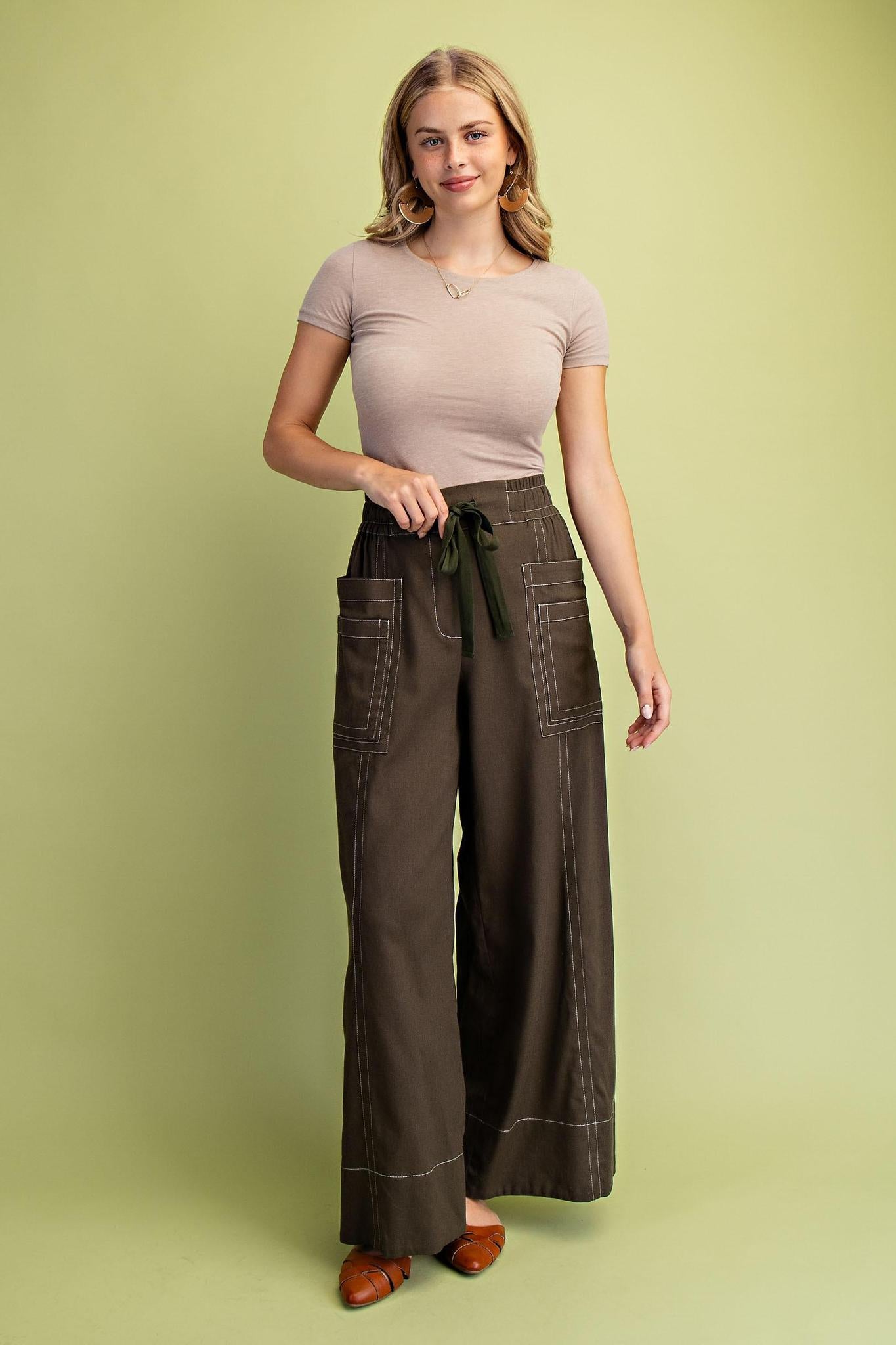 Olive Linen Wide Leg Pant