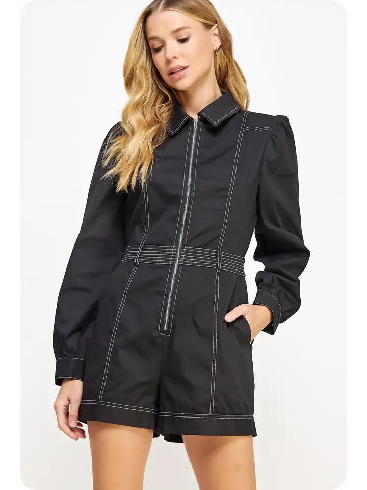 Black Topstitched Twill Romper