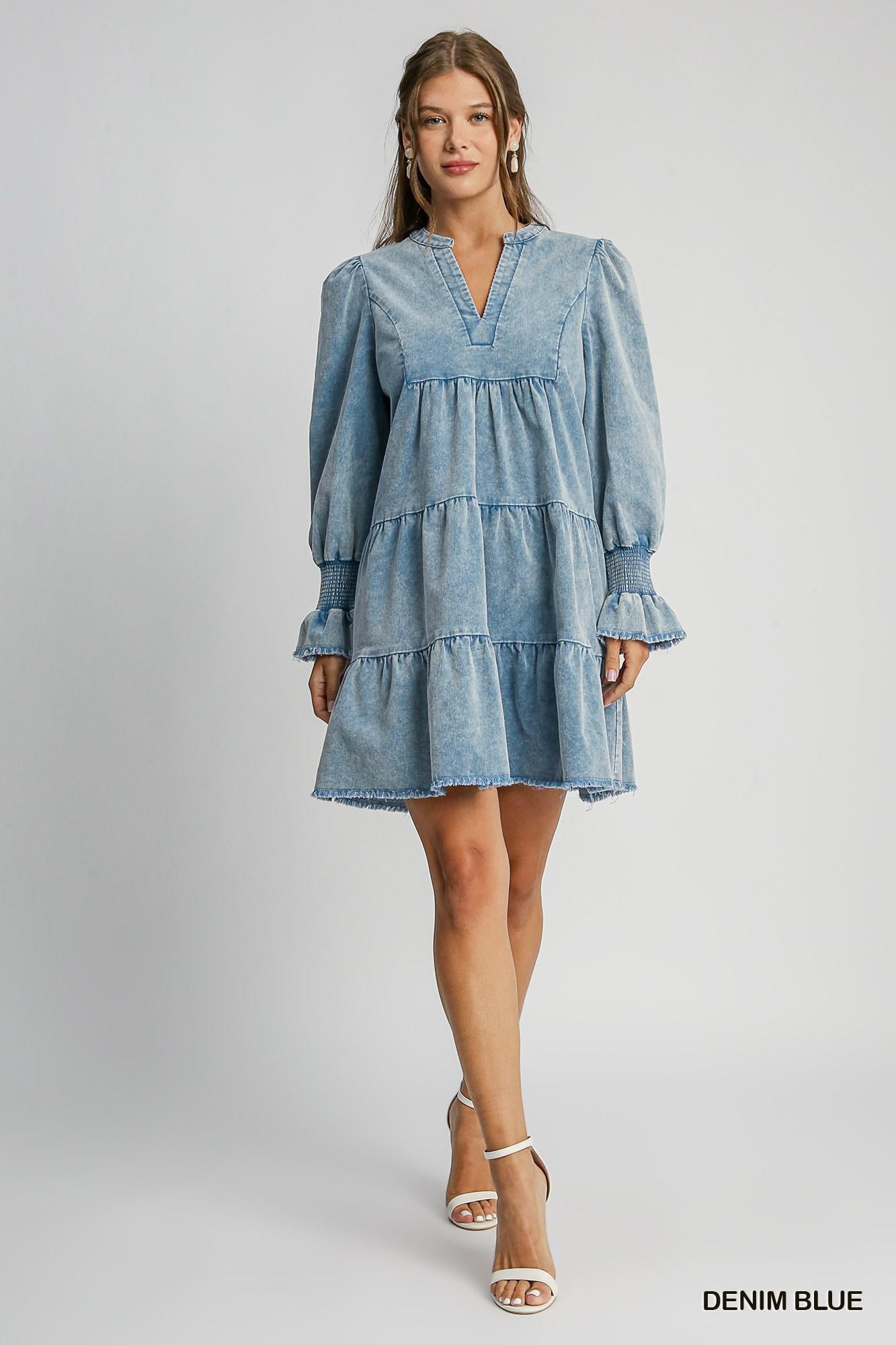 Denim Blue Stone Wash Corduroy Tiered Dress