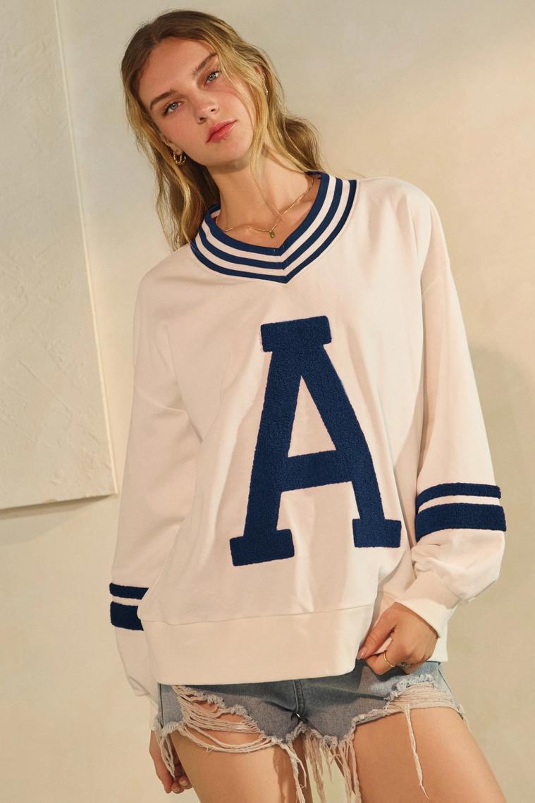 White and Navy A Varsity Pullover