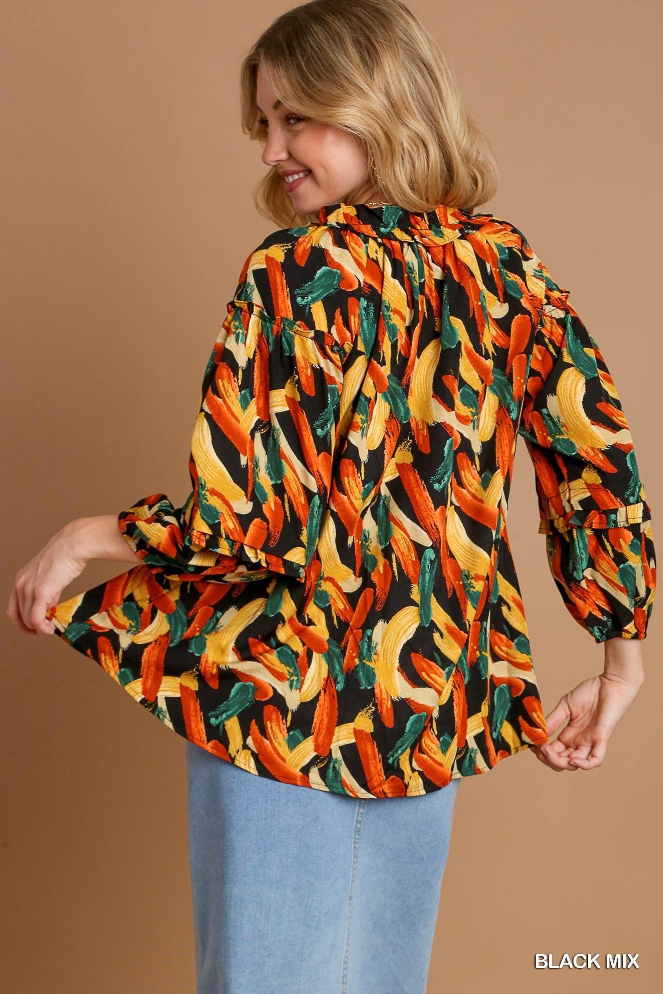 Black Mix Printed Brush Stroke Ruffle Blouse