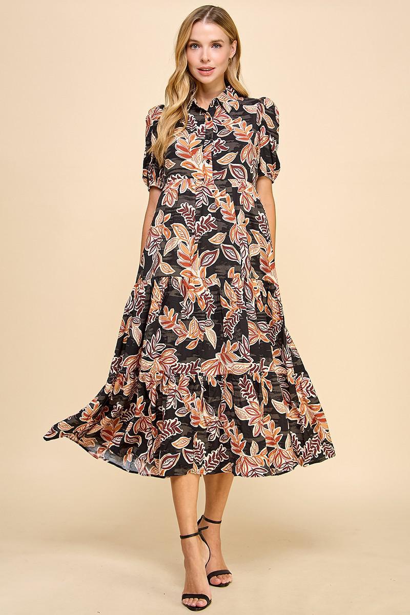 Black Leaf Print Collared Midi Shirt Dress