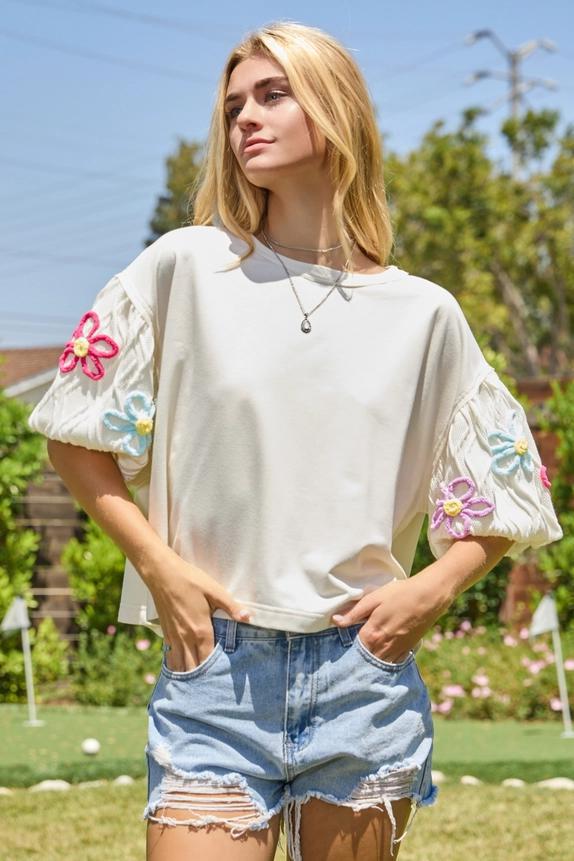 Off White Mixed Fabric Flower Top