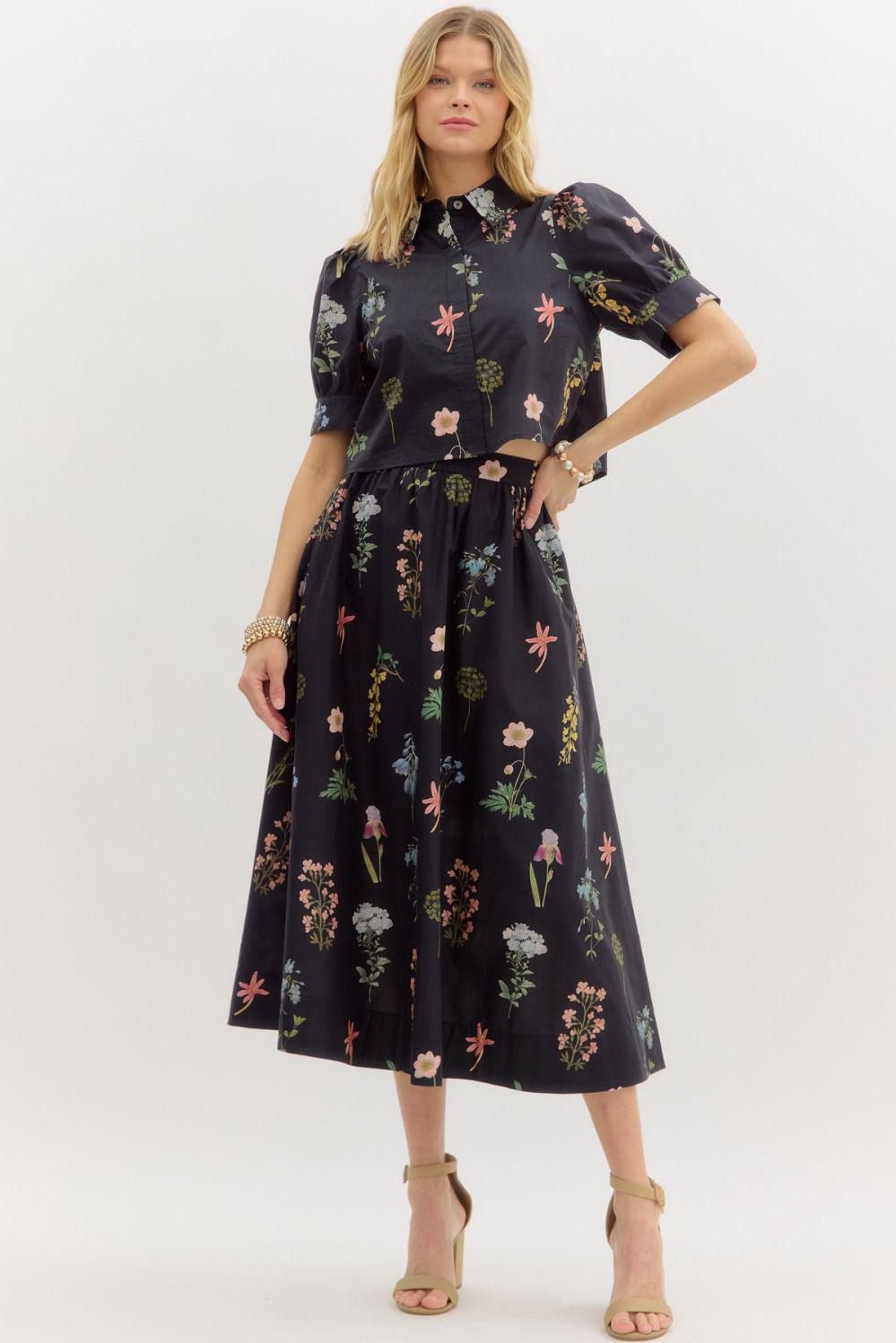 Black Floral Two Piece Midi Set